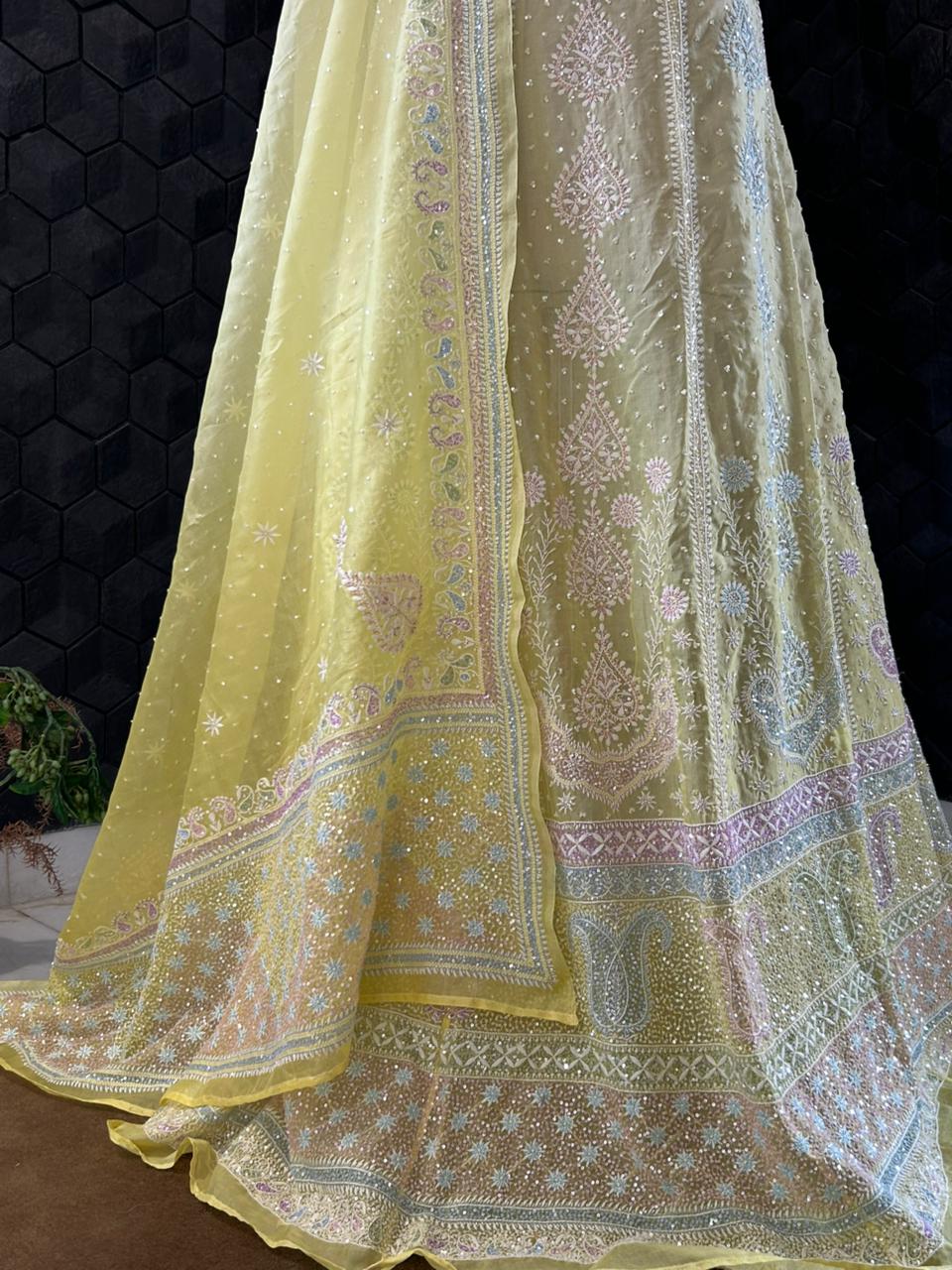 Yellow organza chikankari lehenga set
