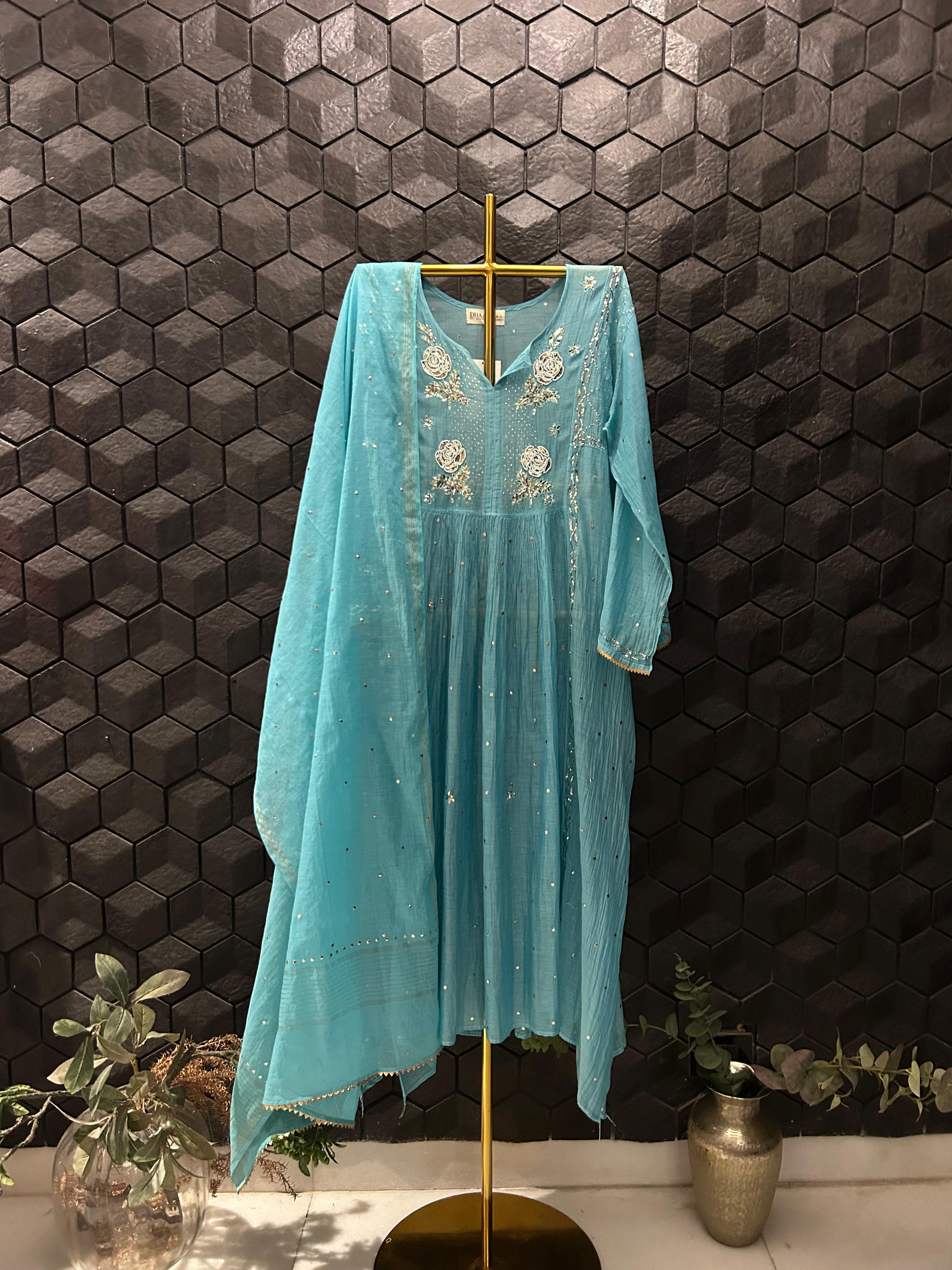 Blue Mul Chanderi Mukaish Kurta Set