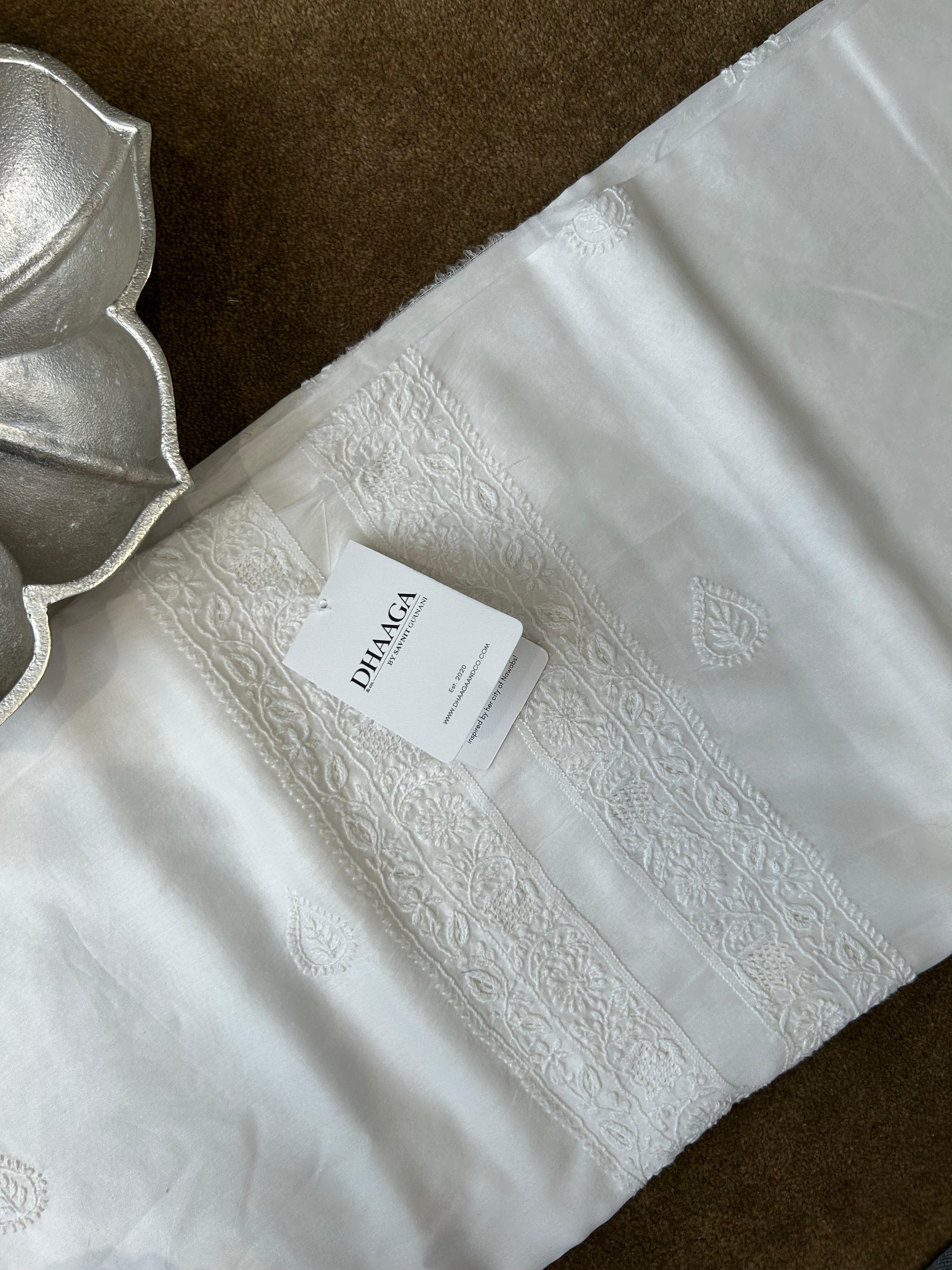 White chanderi chikankari mens kurta