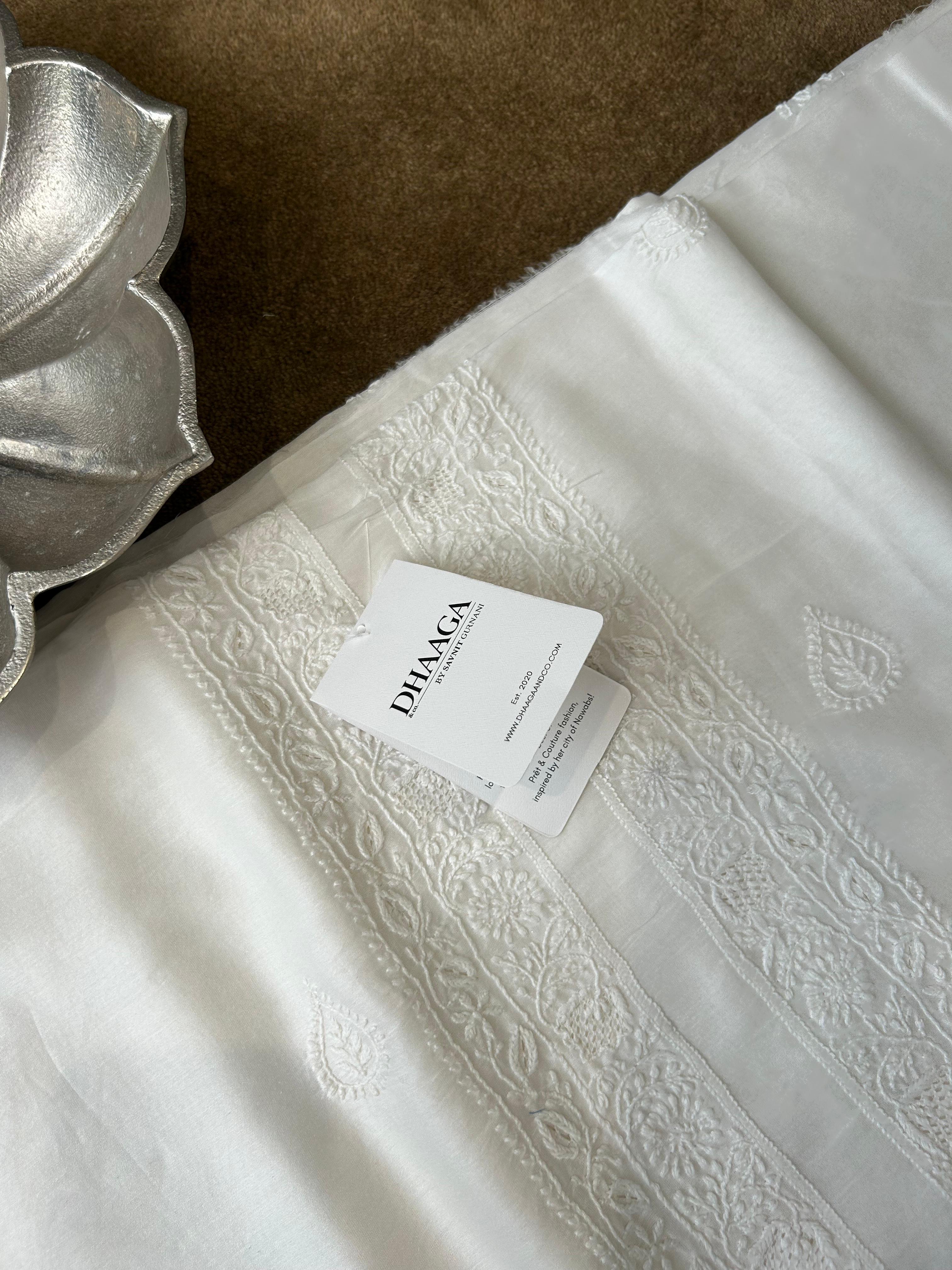 White chanderi chikankari mens kurta