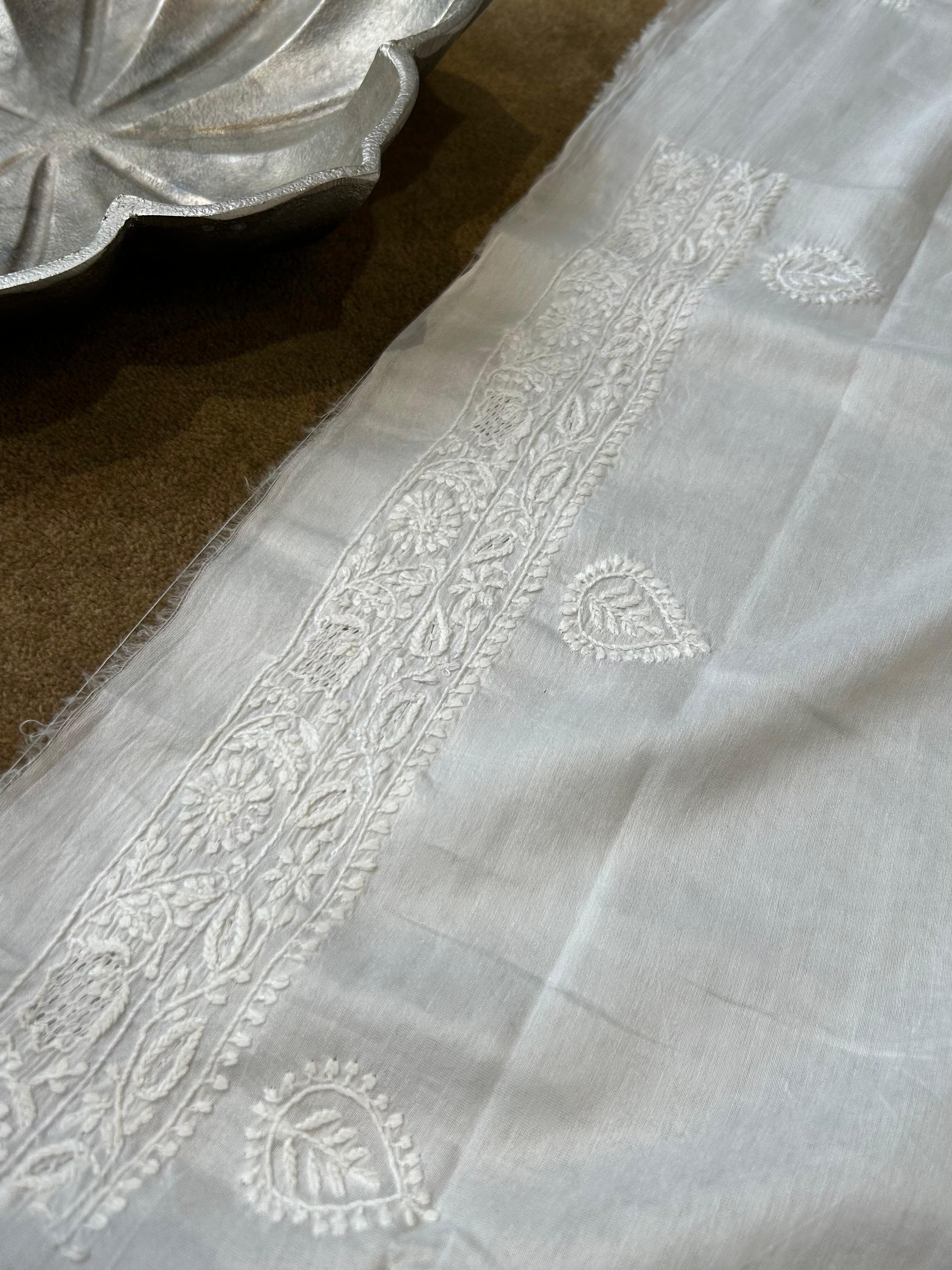 White chanderi chikankari mens kurta