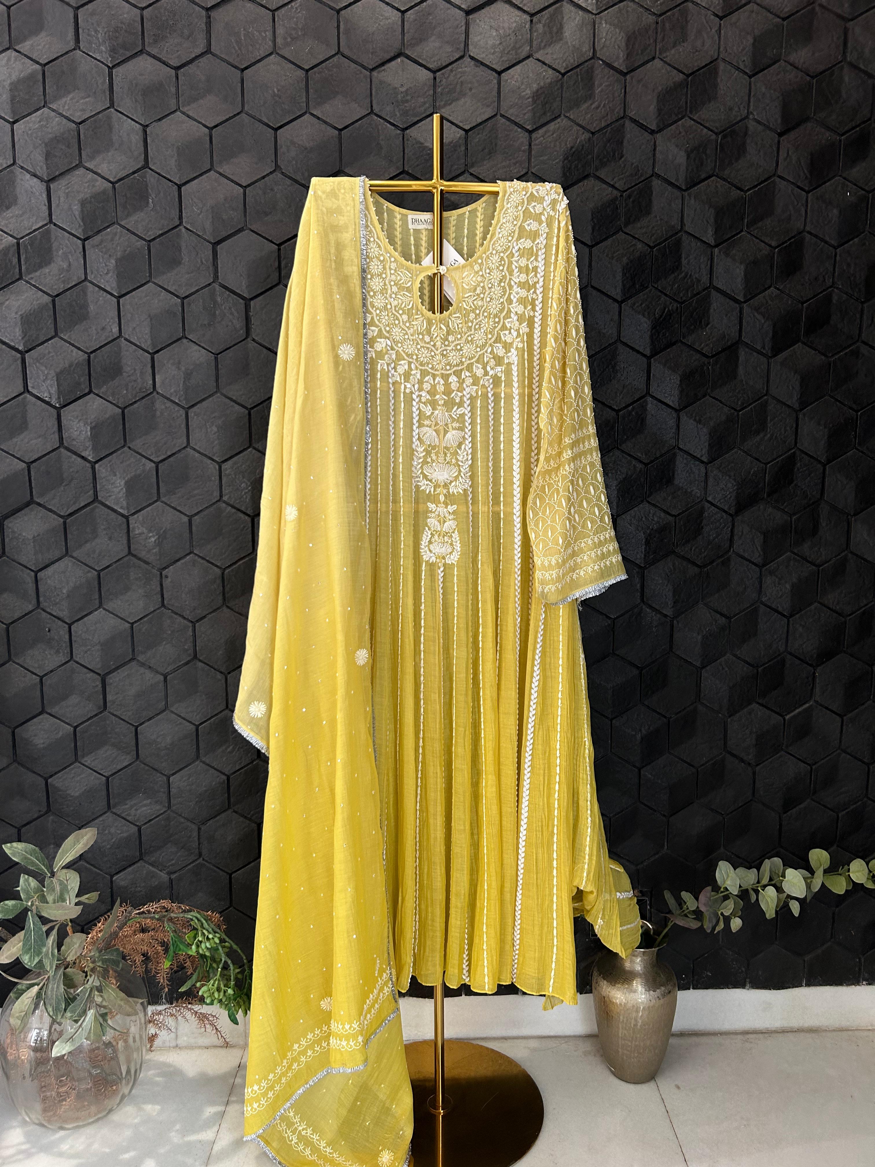 Lime green mul chanderi chikanakri anarkali set