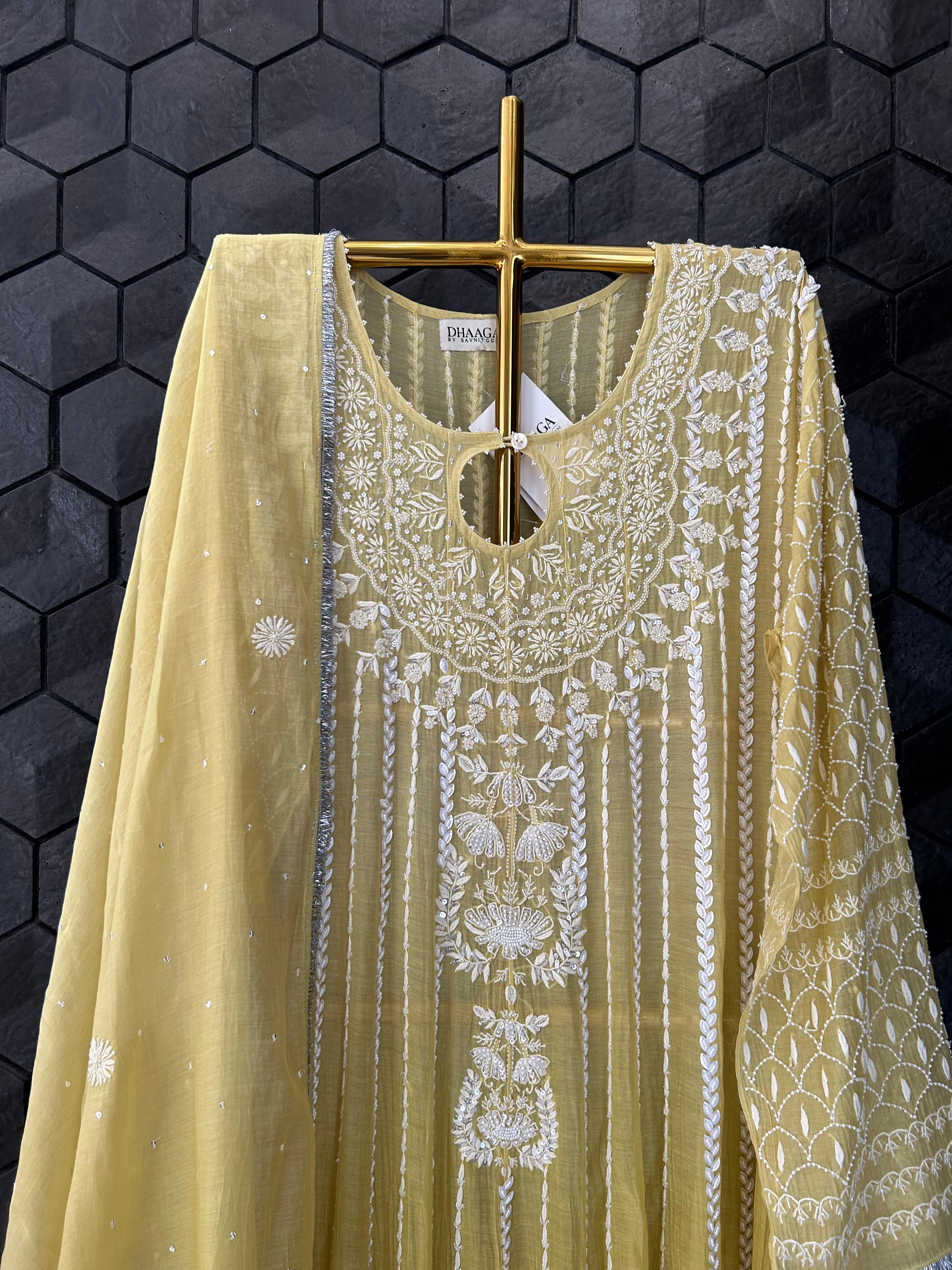 Lime green mul chanderi chikanakri anarkali set