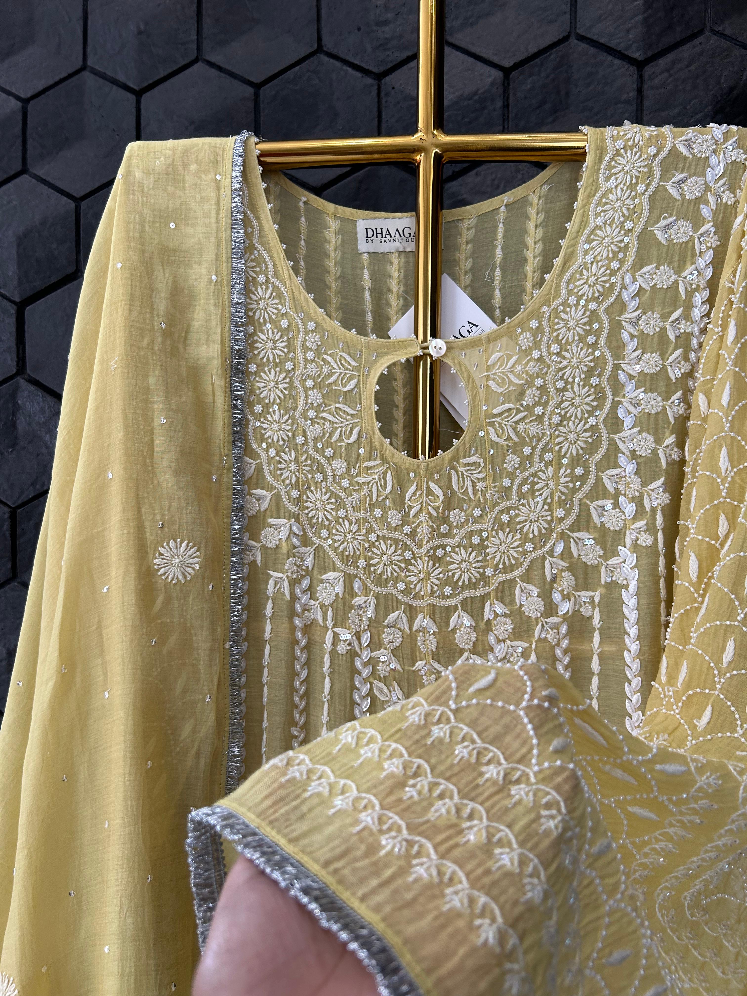 Lime green mul chanderi chikanakri anarkali set