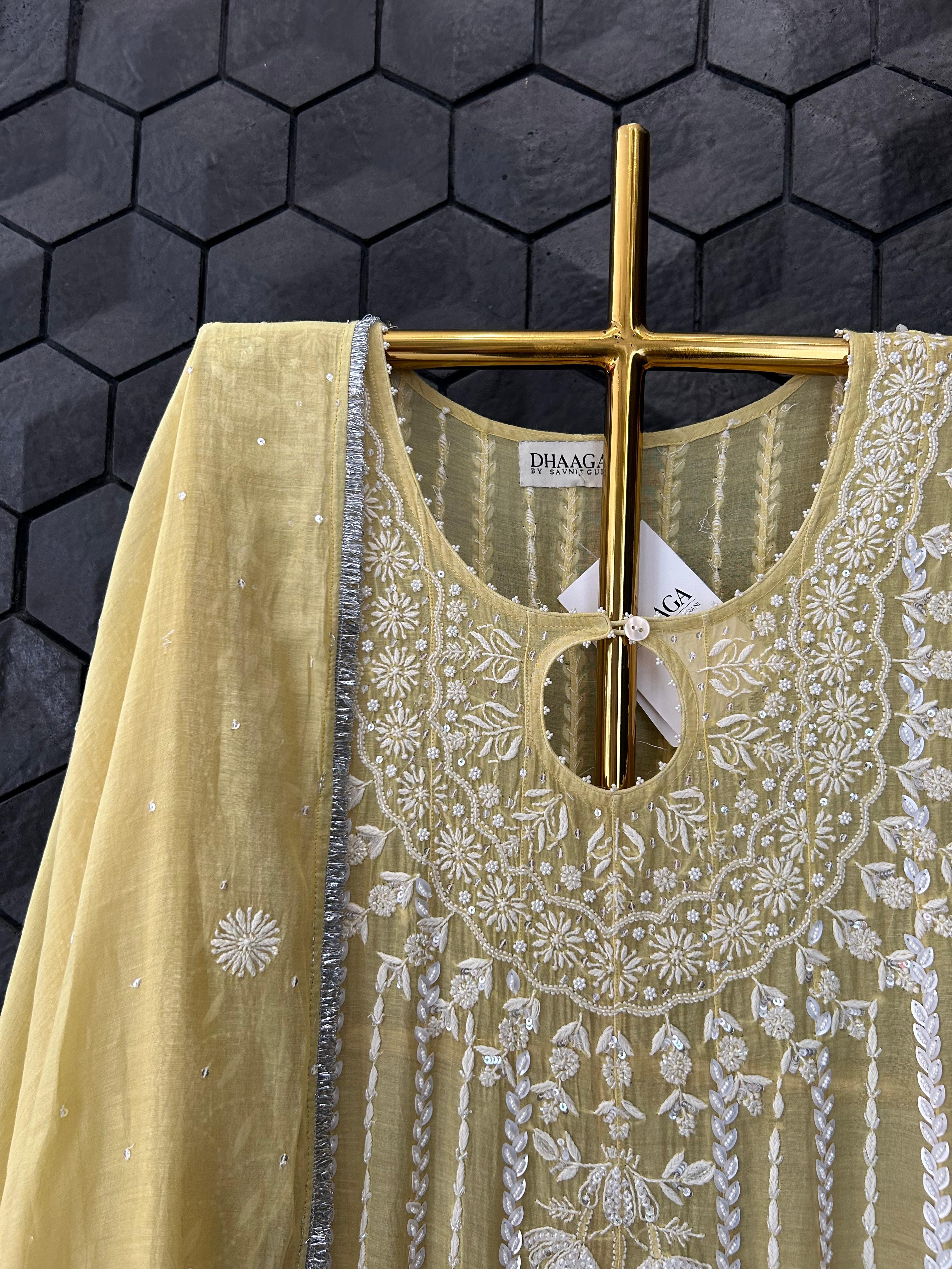 Lime green mul chanderi chikanakri anarkali set