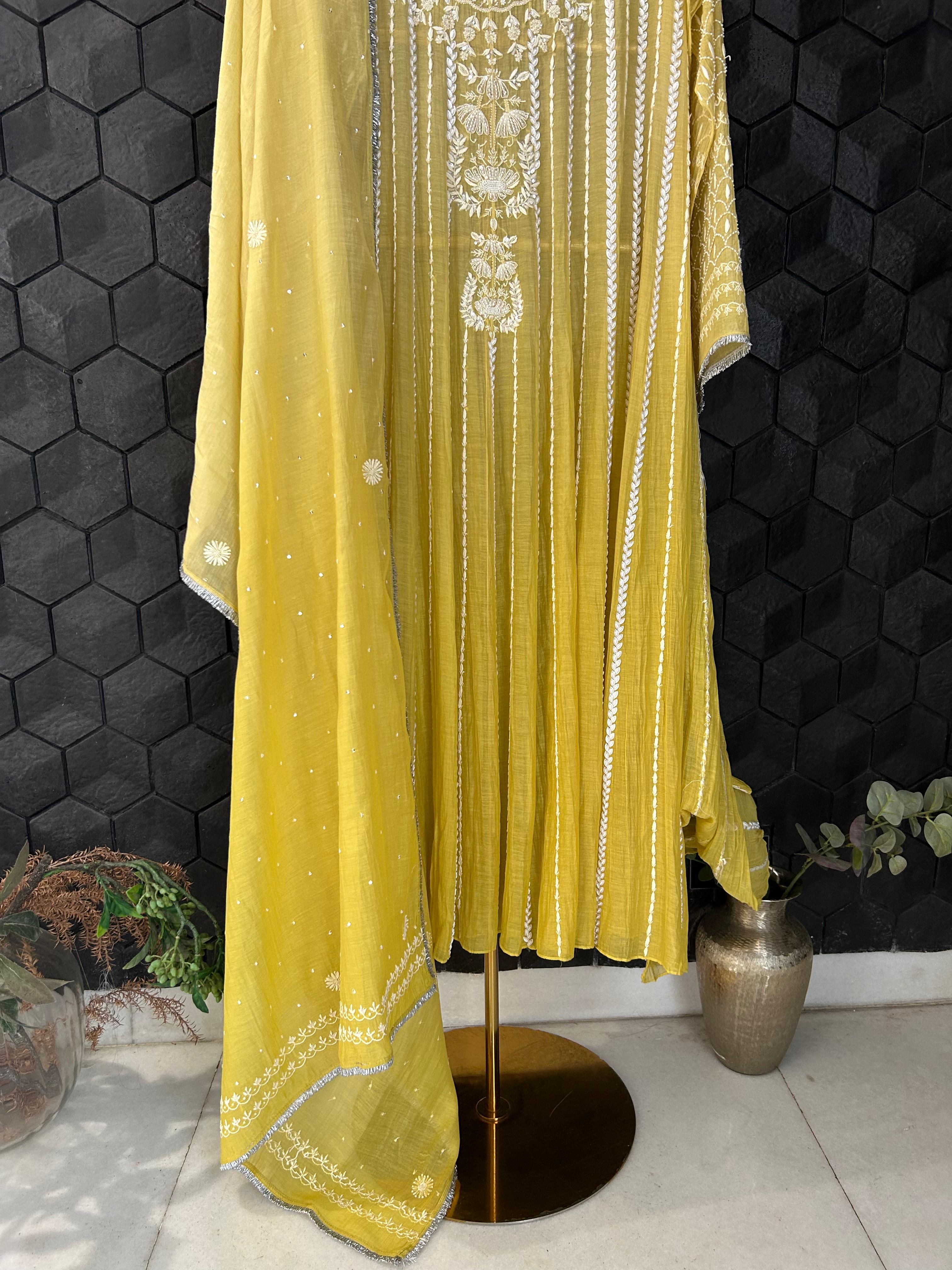 Lime green mul chanderi chikanakri anarkali set