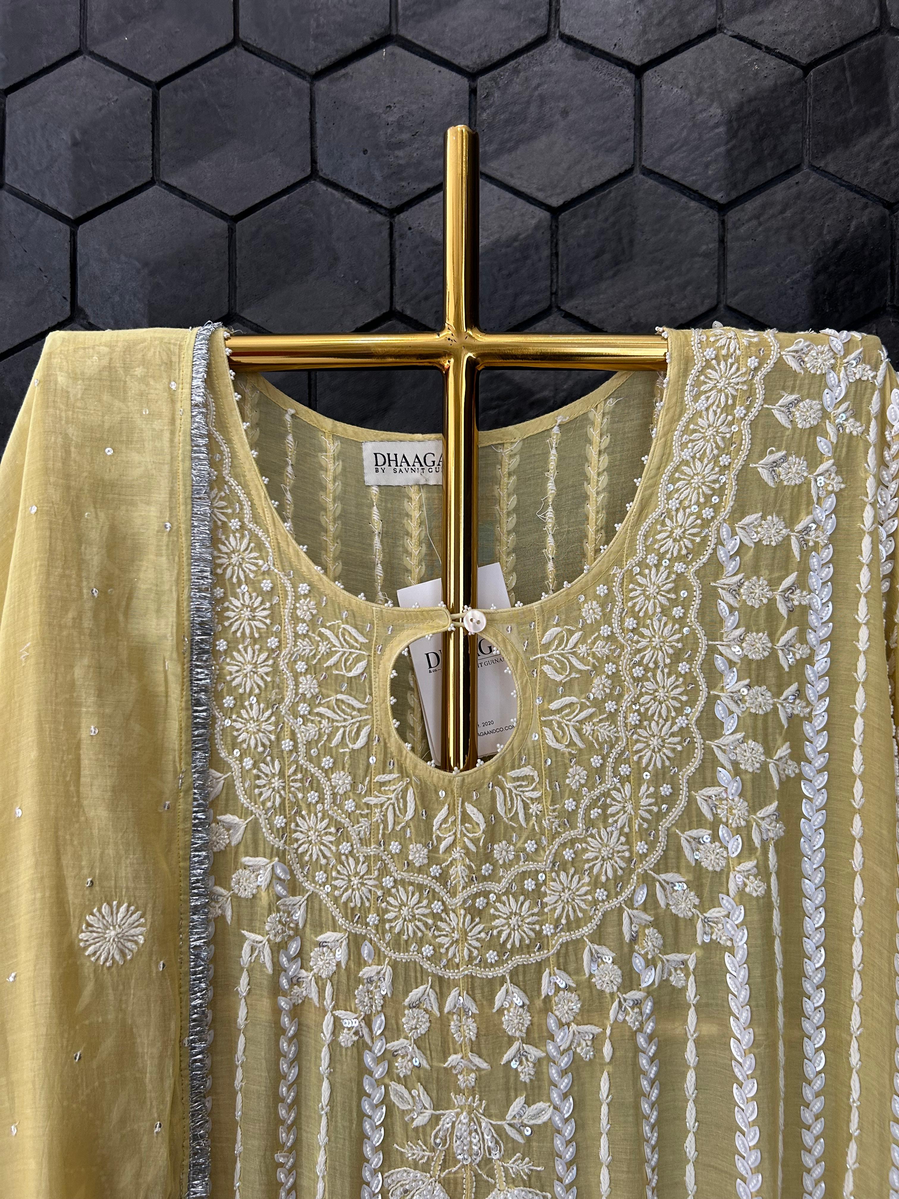 Lime green mul chanderi chikanakri anarkali set