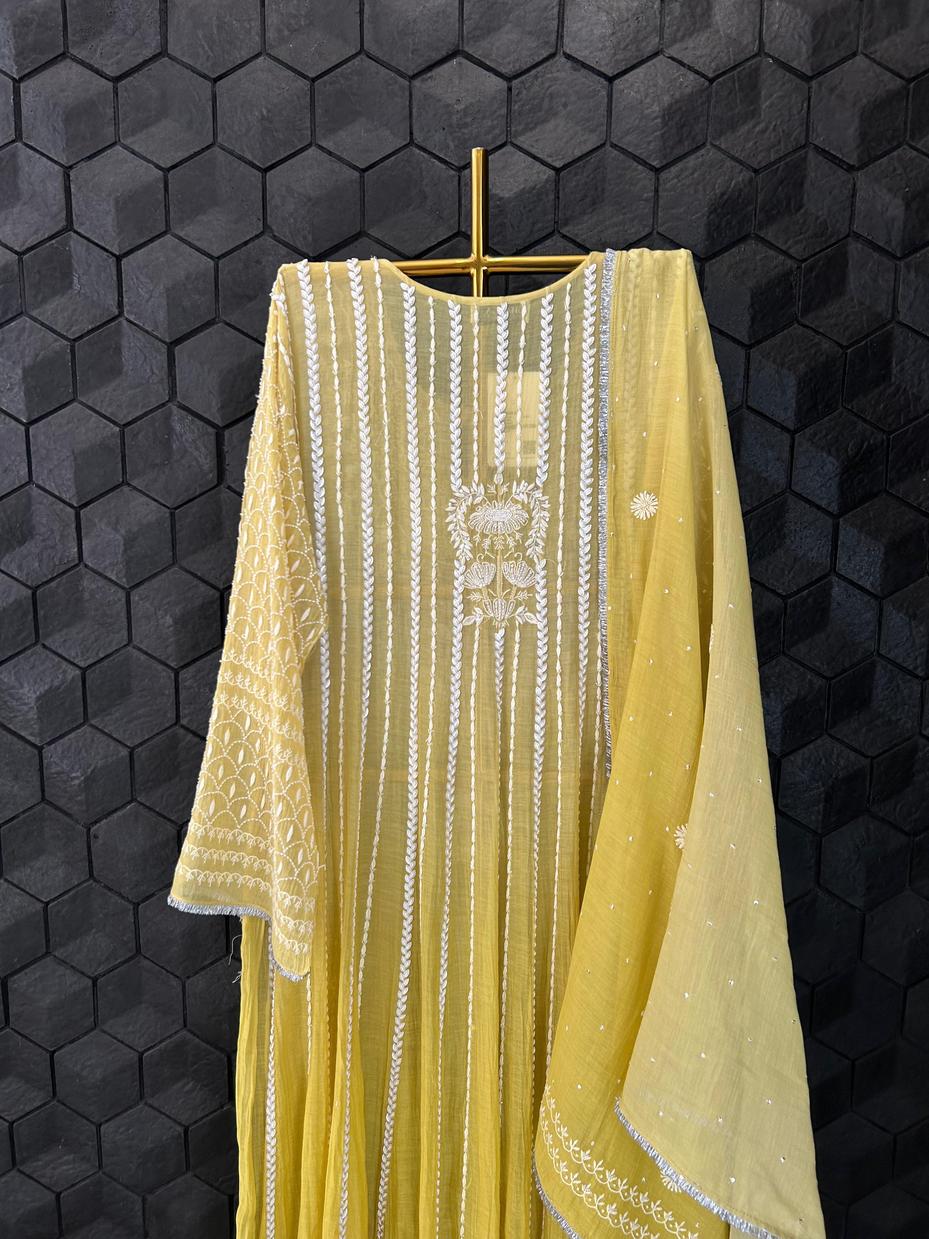 Lime green mul chanderi chikanakri anarkali set