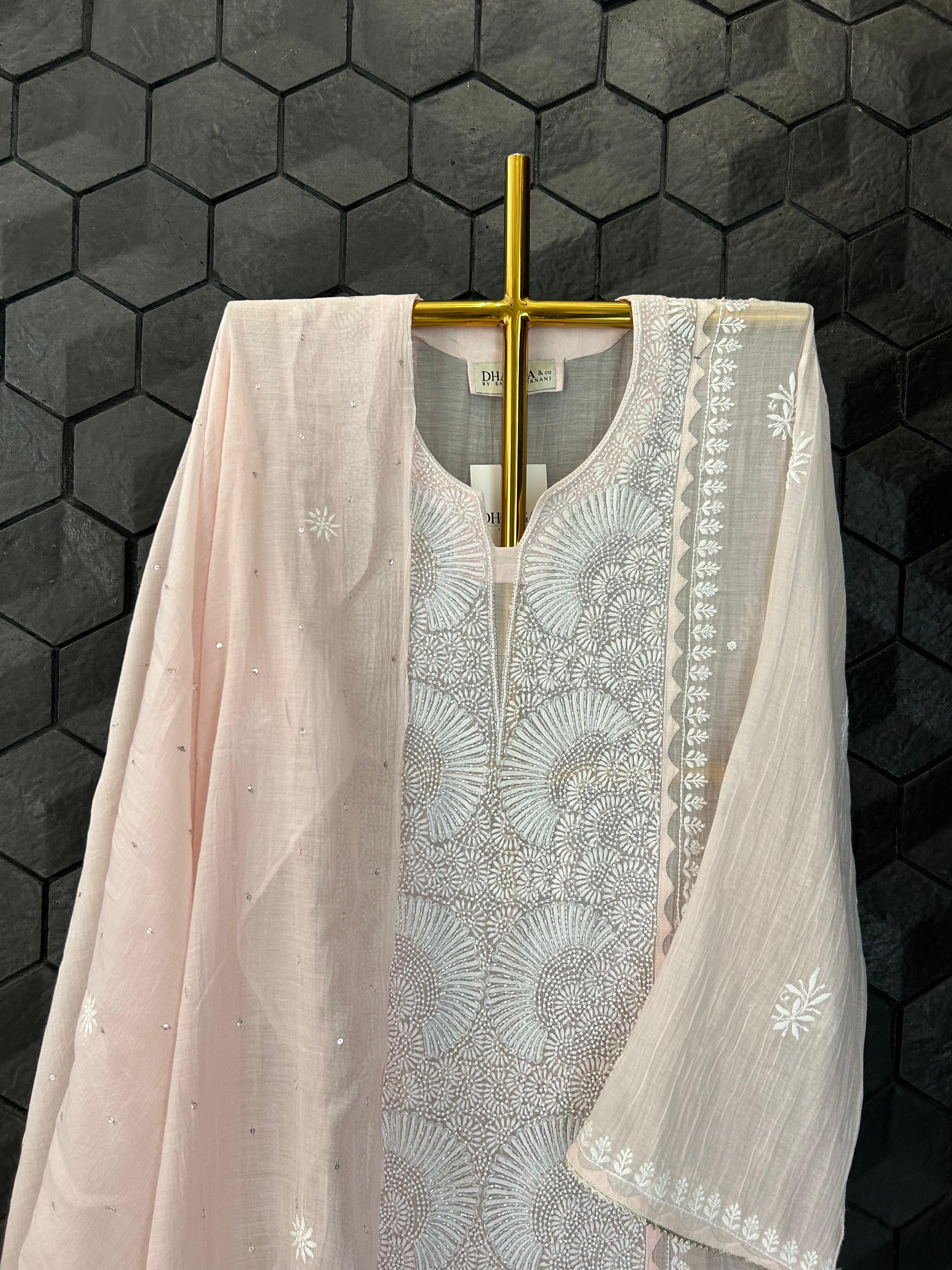 Pink mul chanderi chikankari kurta set