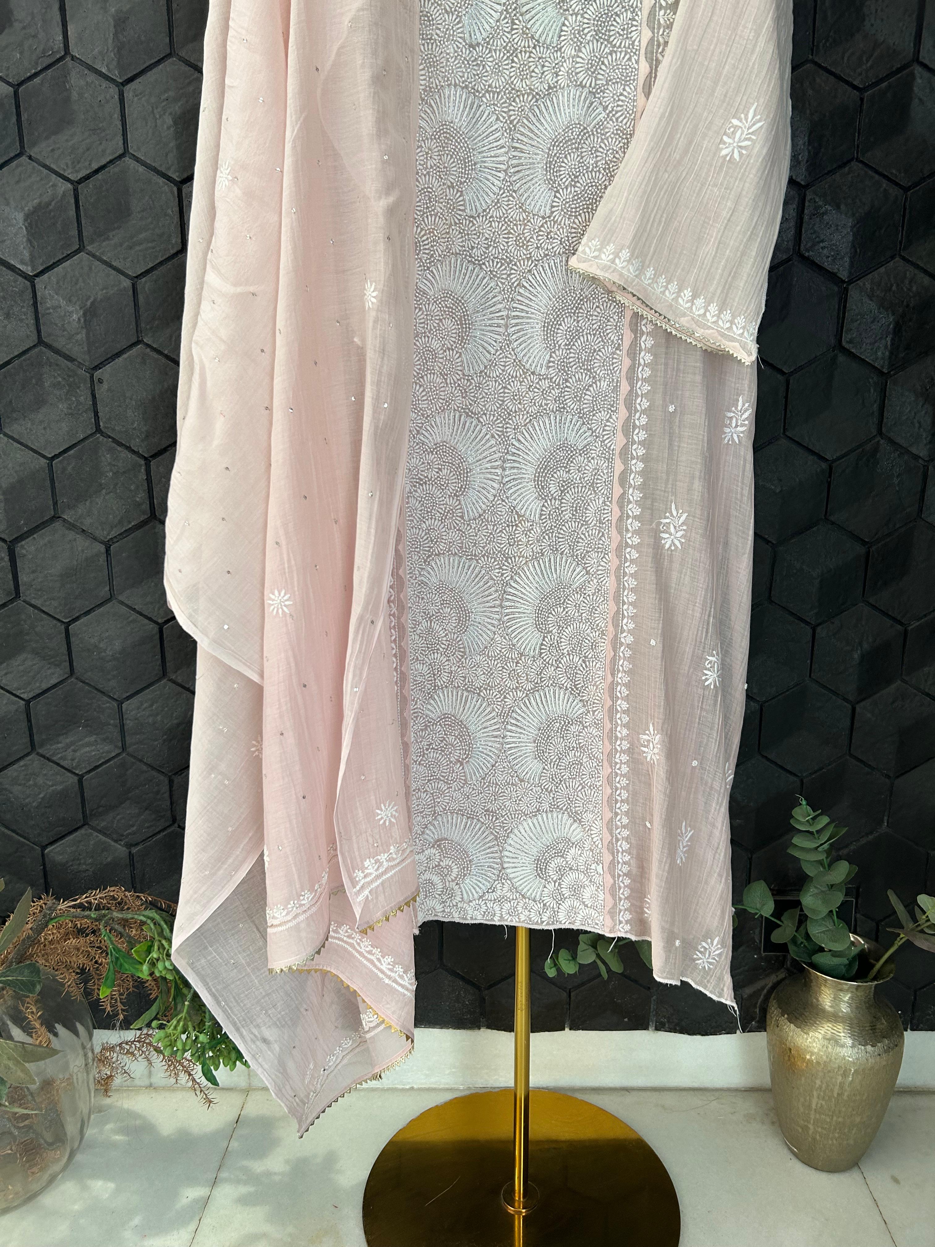 Pink mul chanderi chikankari kurta set