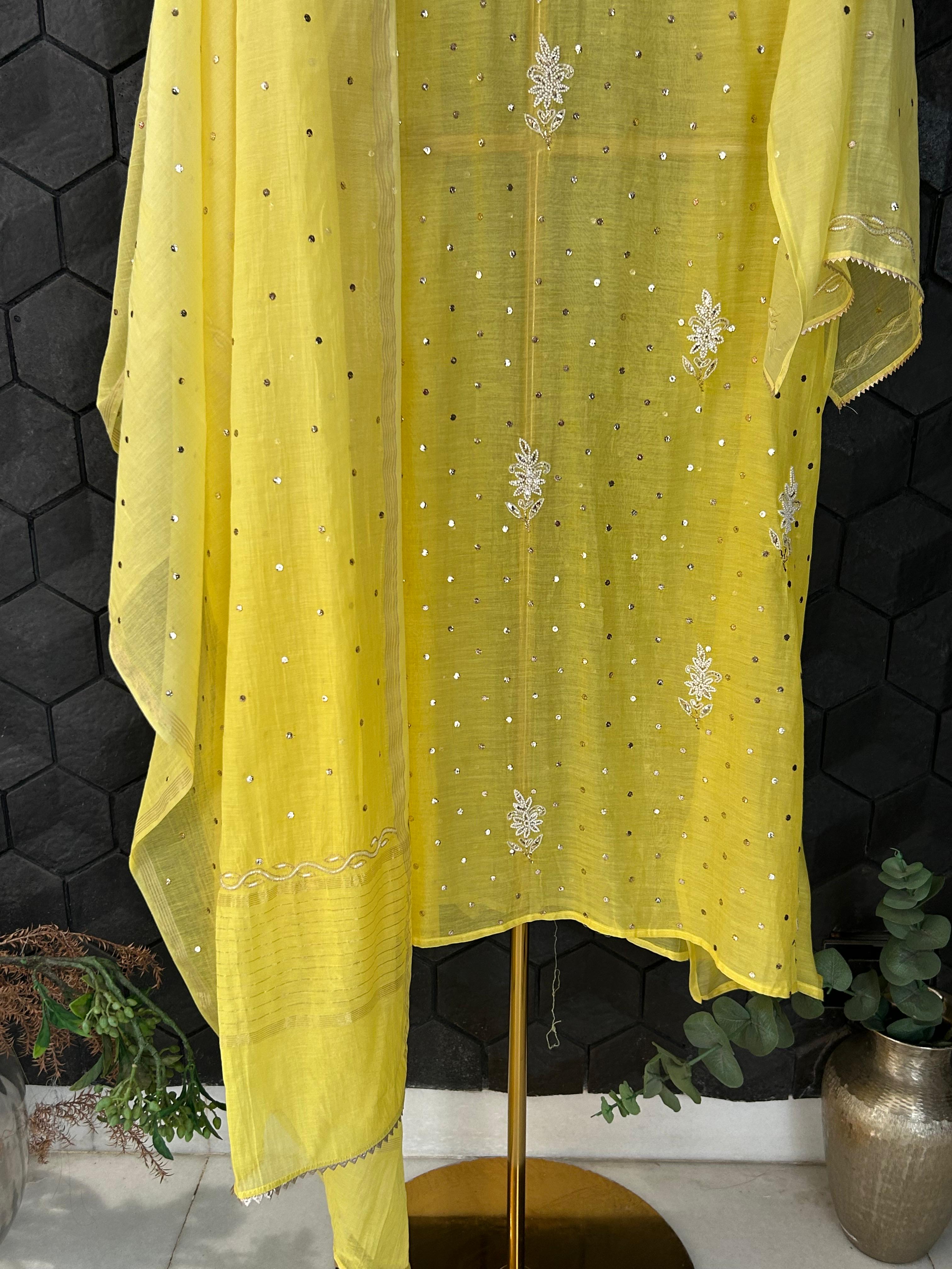 Yellow mul chanderi mukaish kurta set