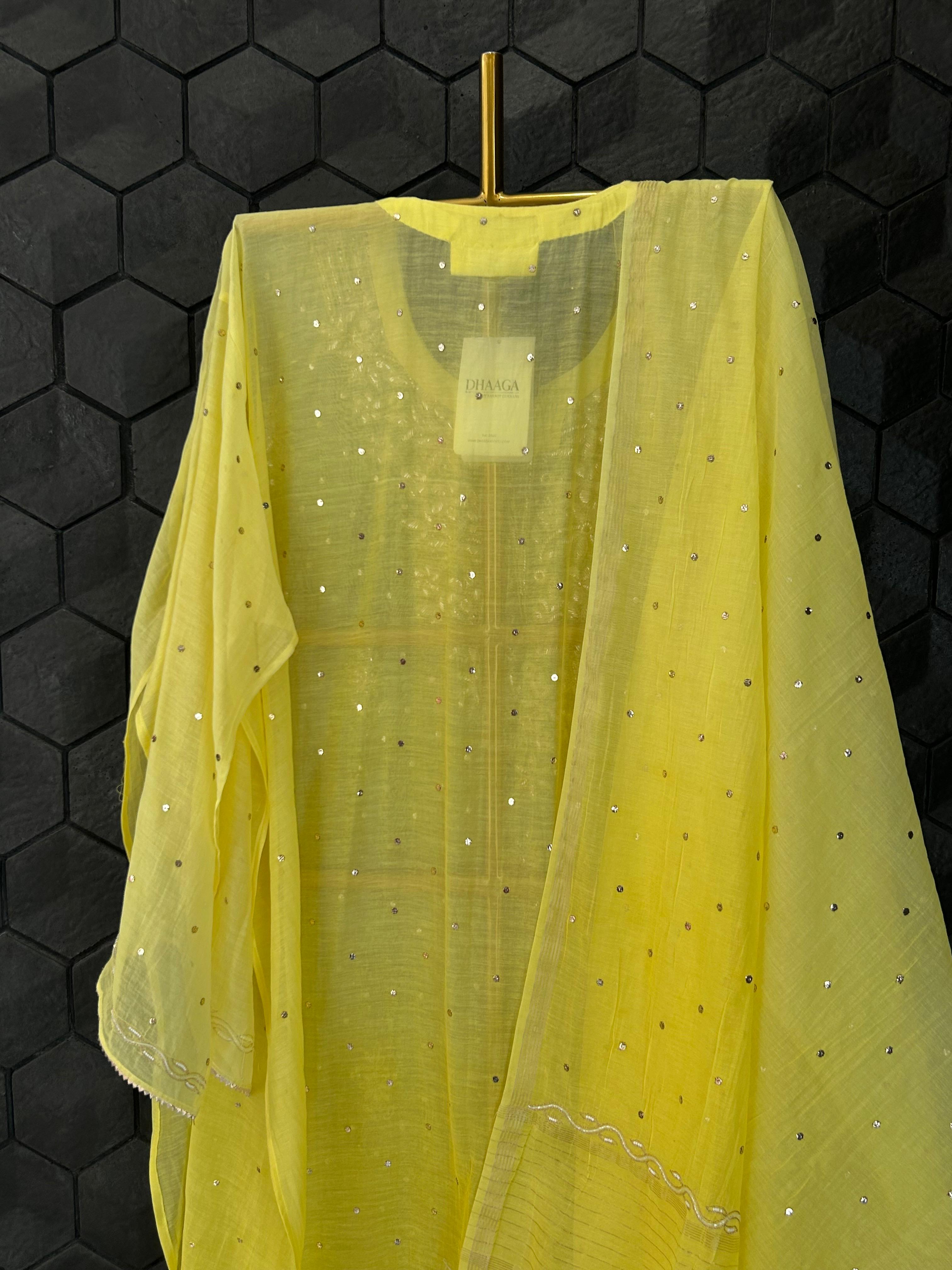 Yellow mul chanderi mukaish kurta set