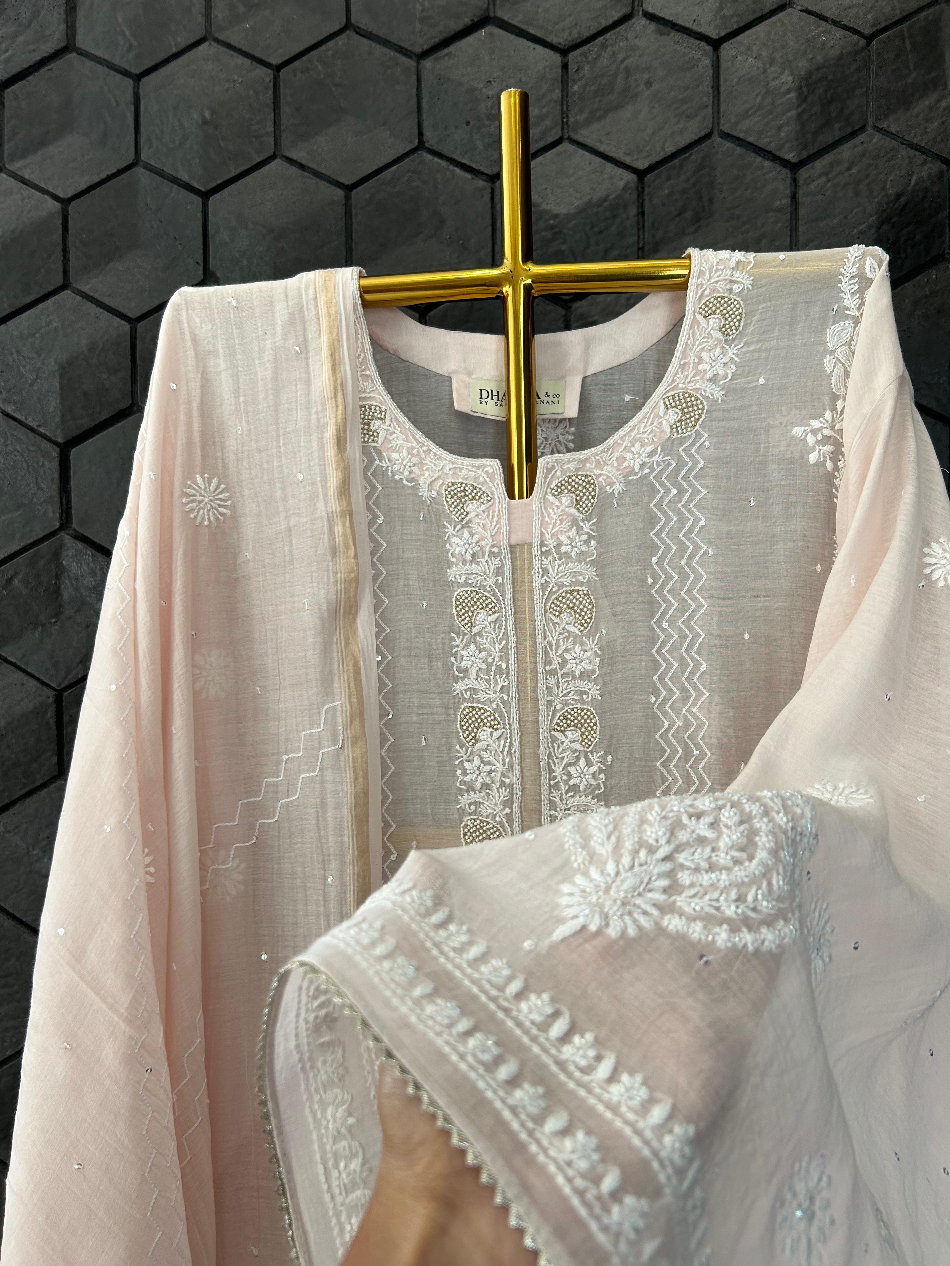 Pink mul chanderi chikanakri kurta set