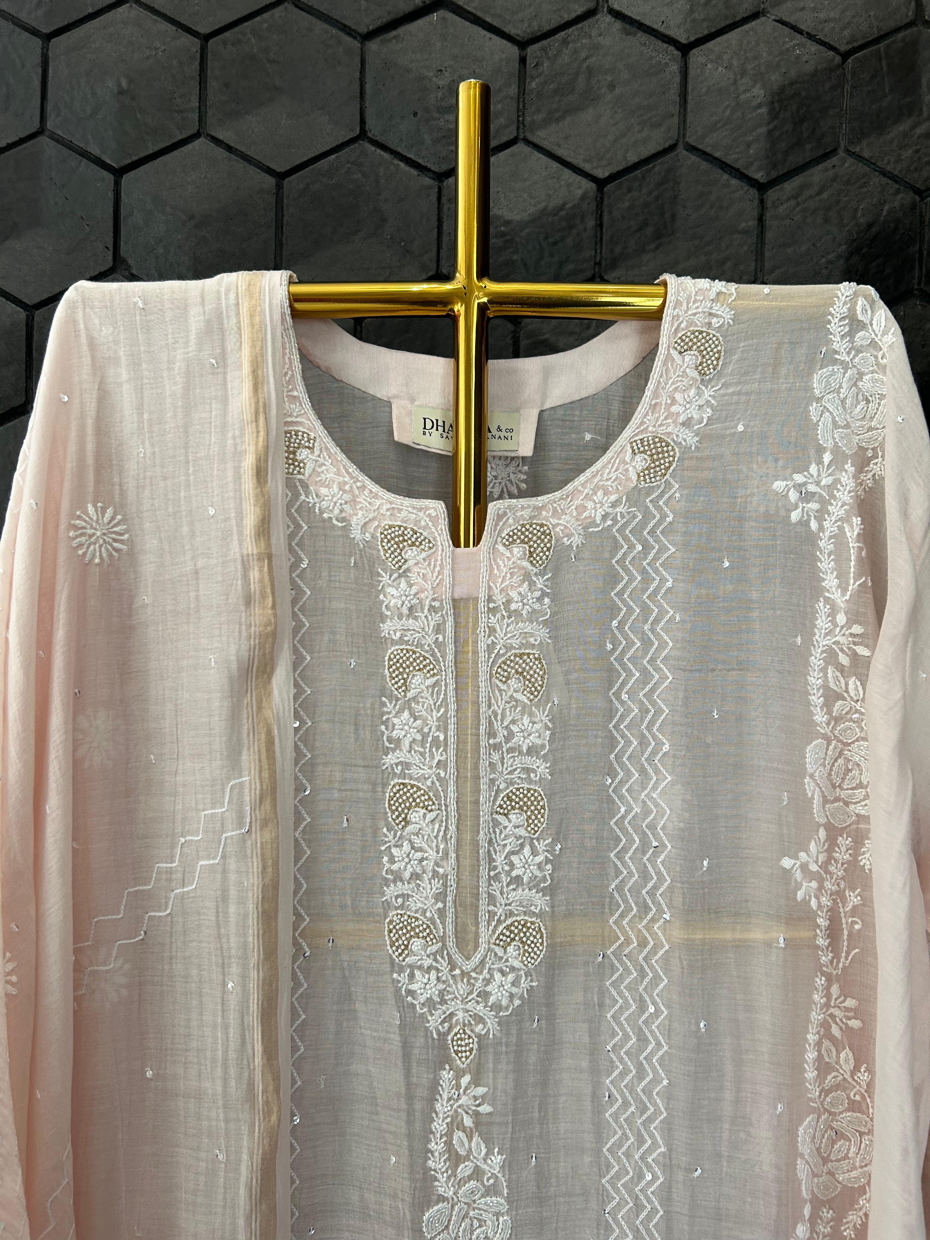 Pink mul chanderi chikanakri kurta set