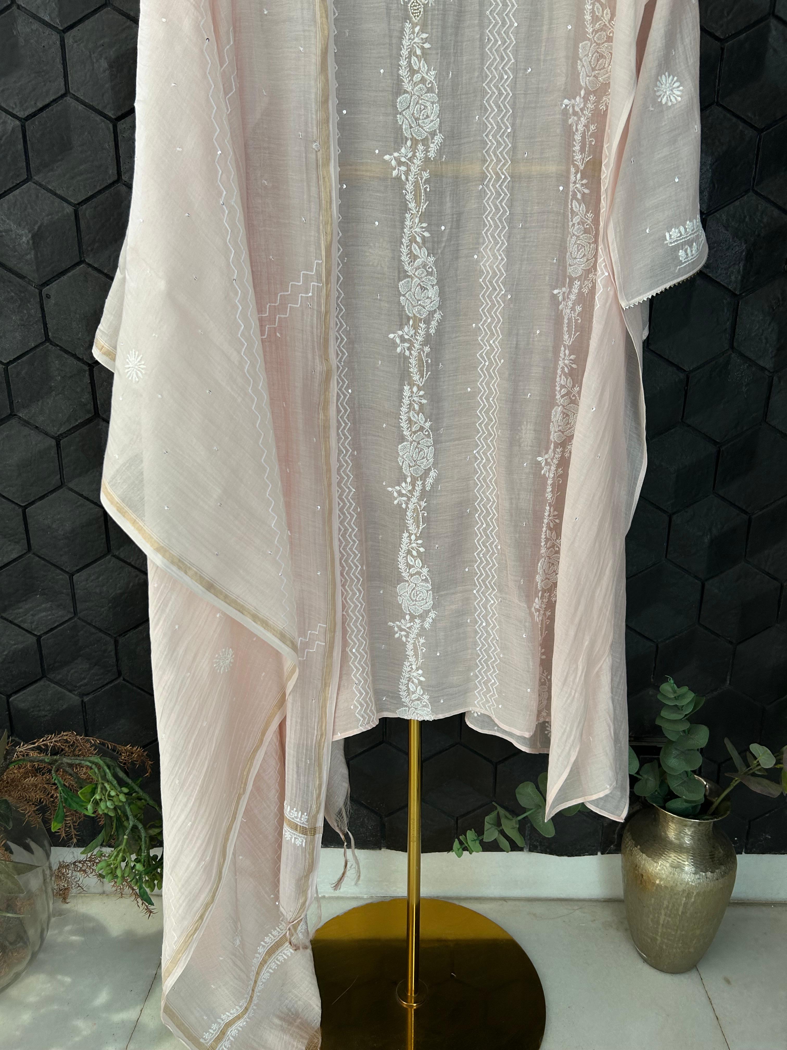 Pink mul chanderi chikanakri kurta set