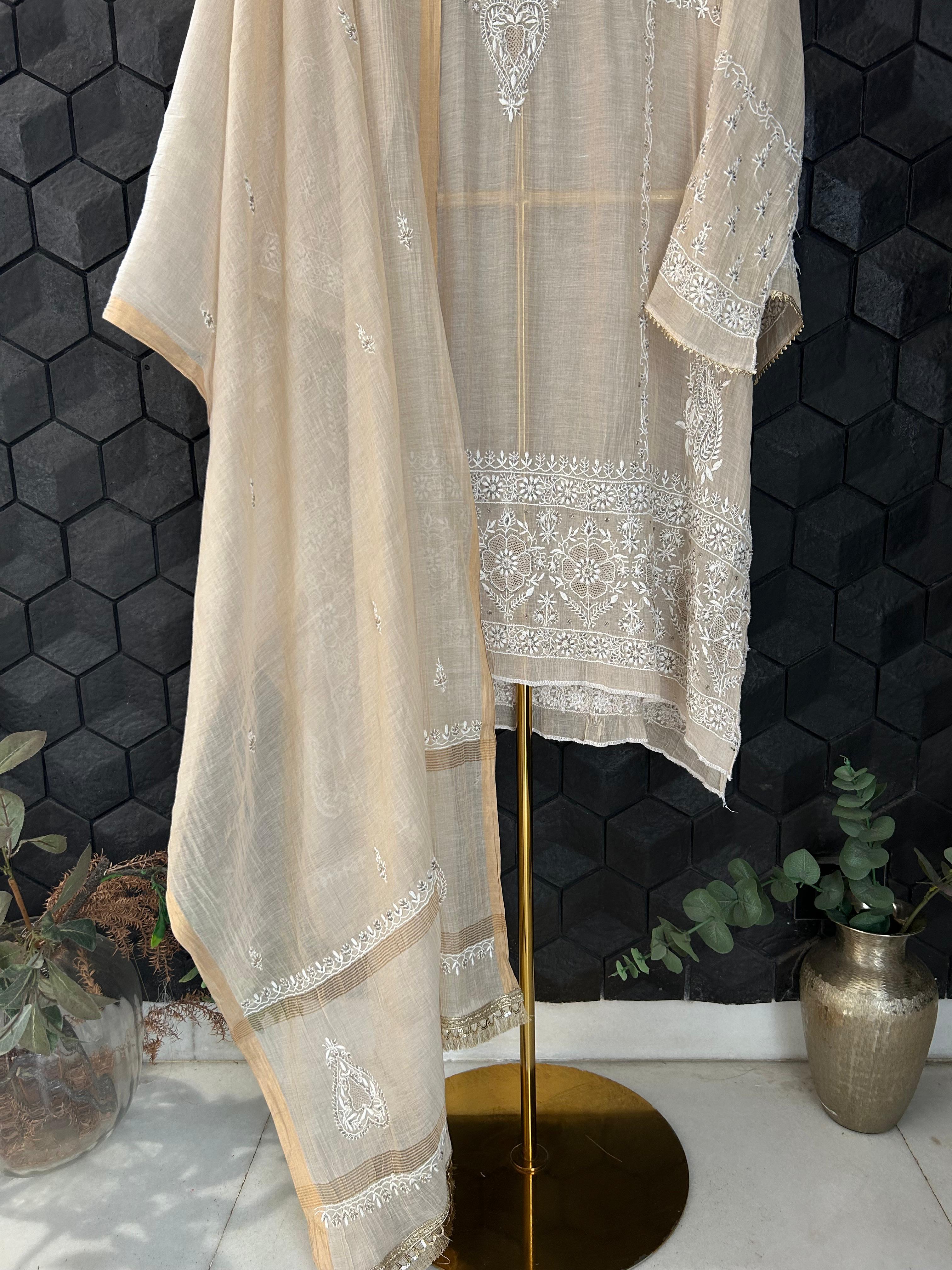 Beige golden tissue chikanakri kurta set