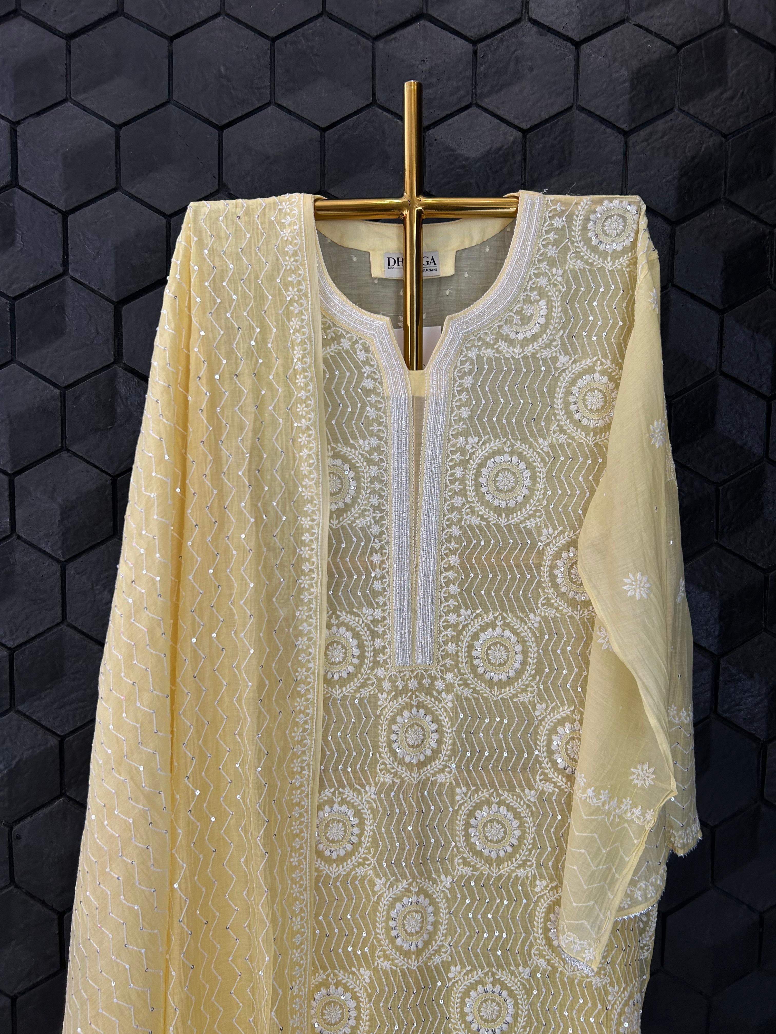 Yellow mul chanderi chikanakri kurta set