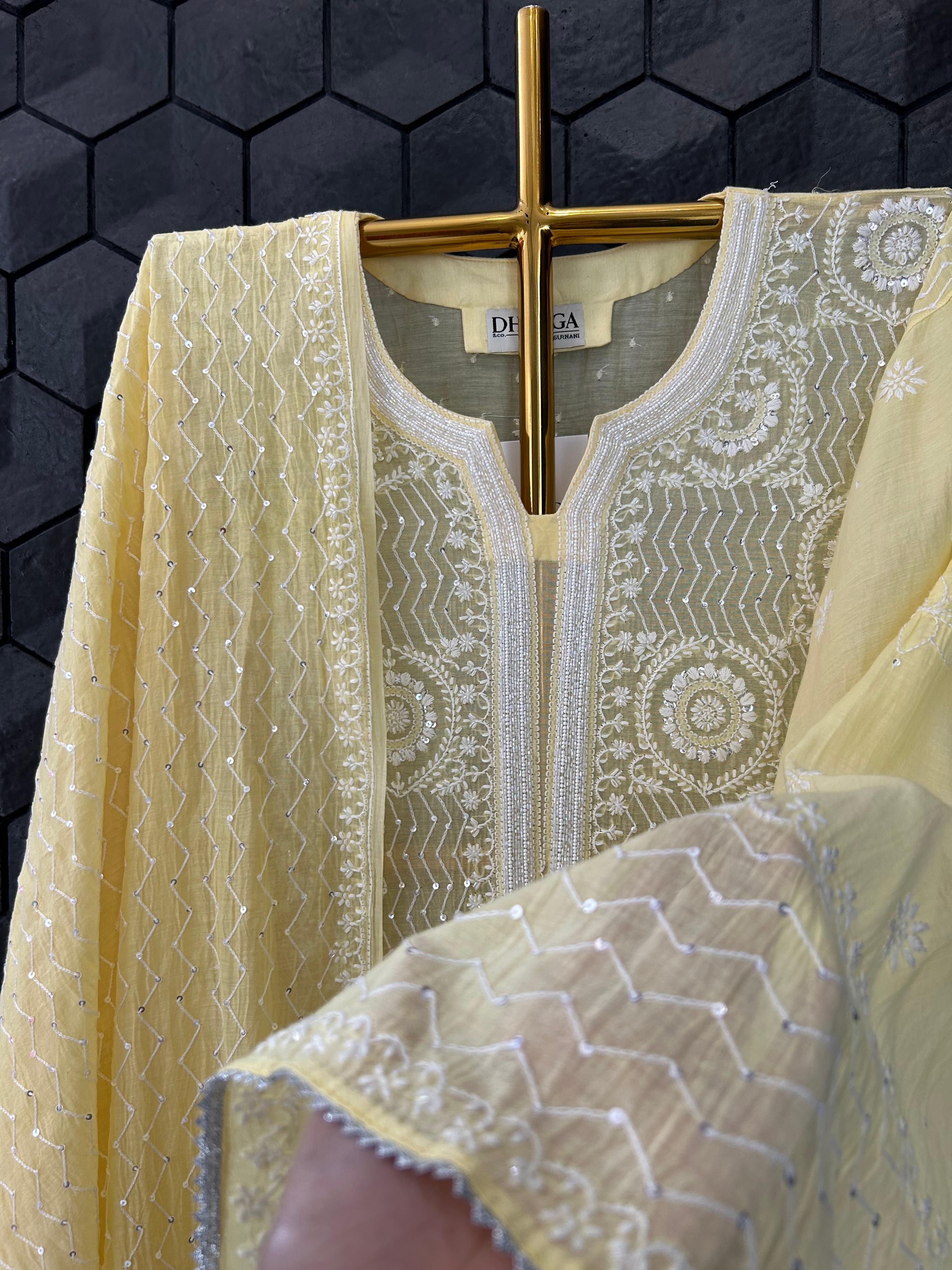 Yellow mul chanderi chikanakri kurta set