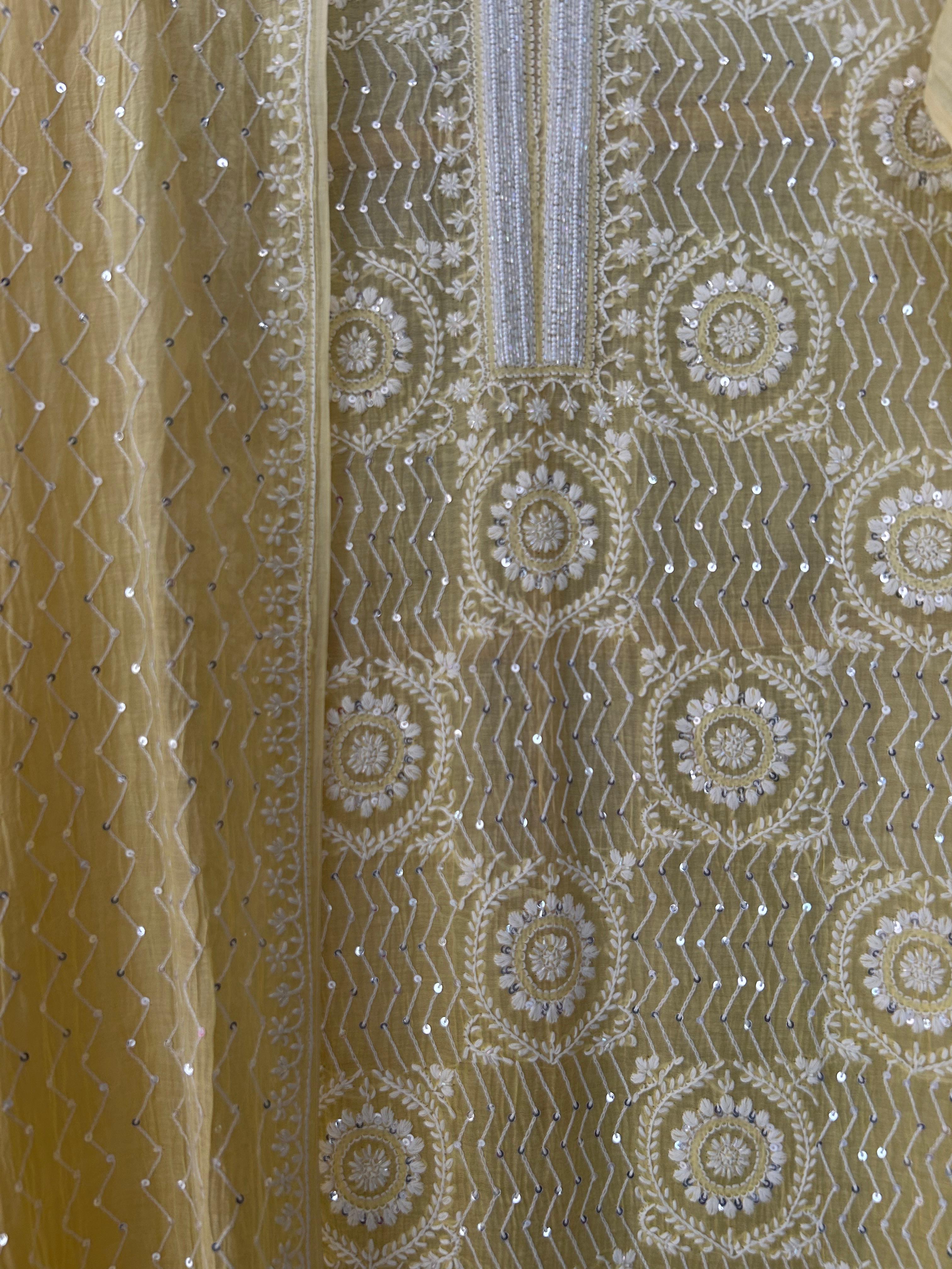 Yellow mul chanderi chikanakri kurta set