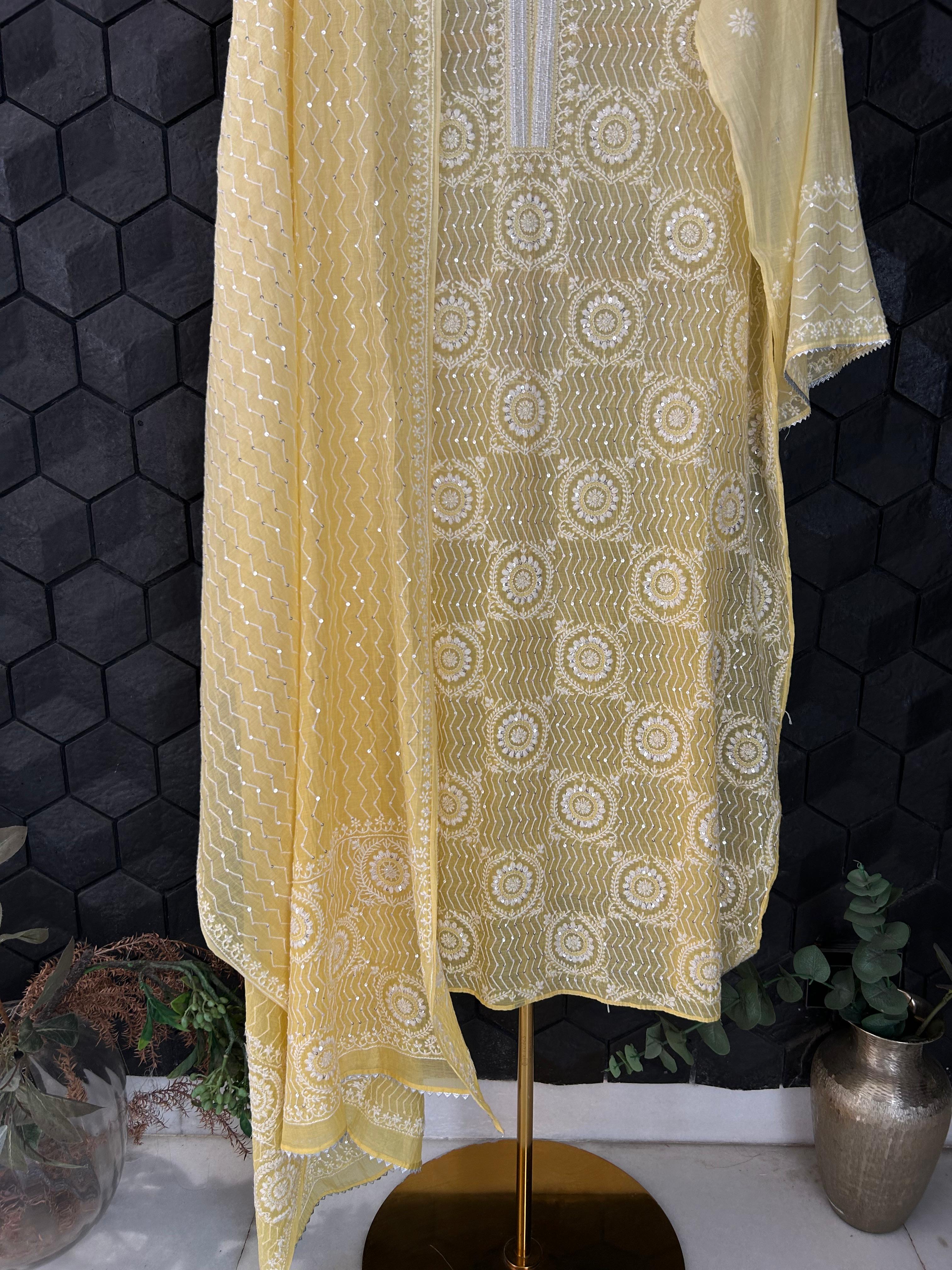 Yellow mul chanderi chikanakri kurta set