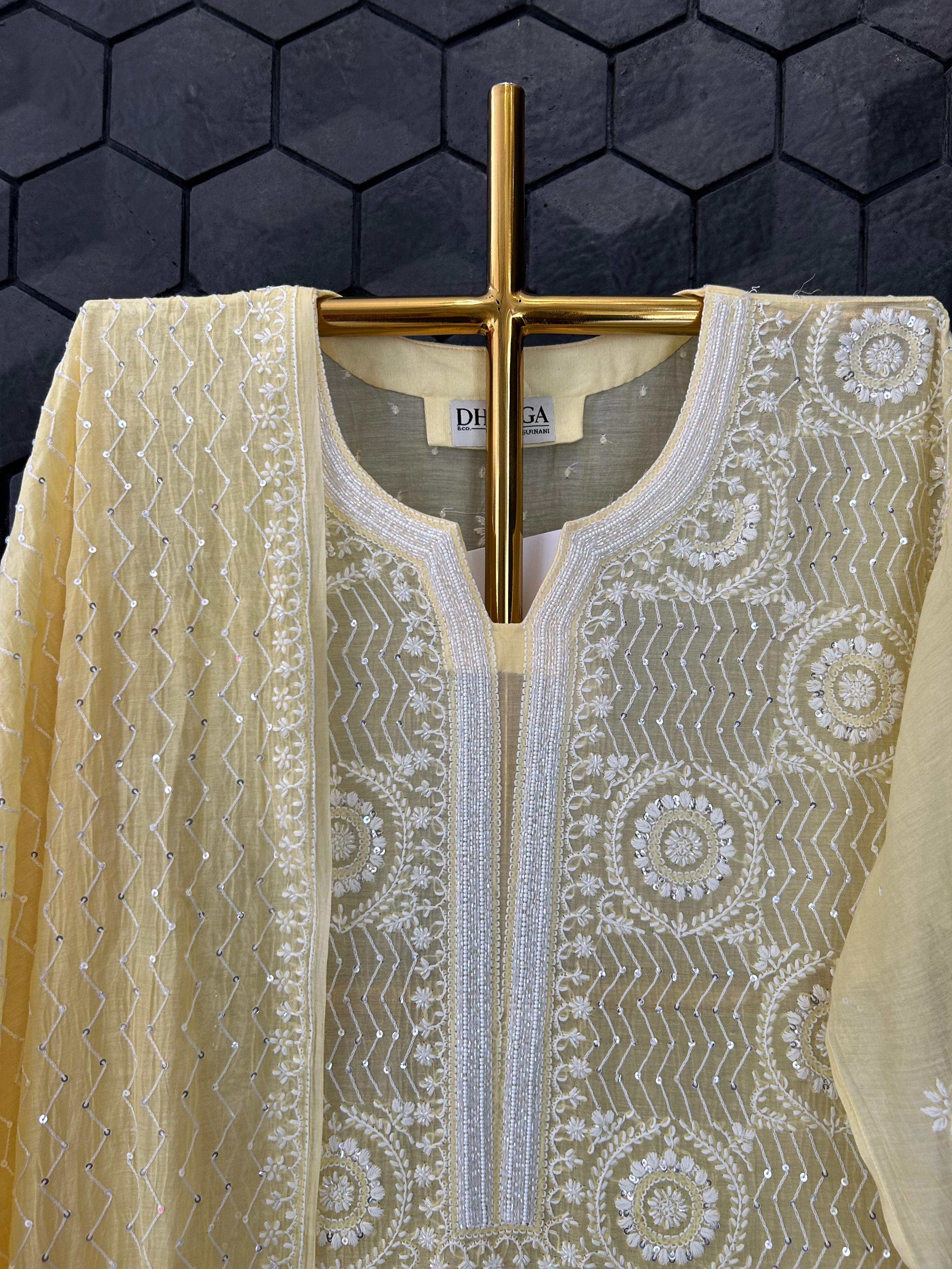 Yellow mul chanderi chikanakri kurta set