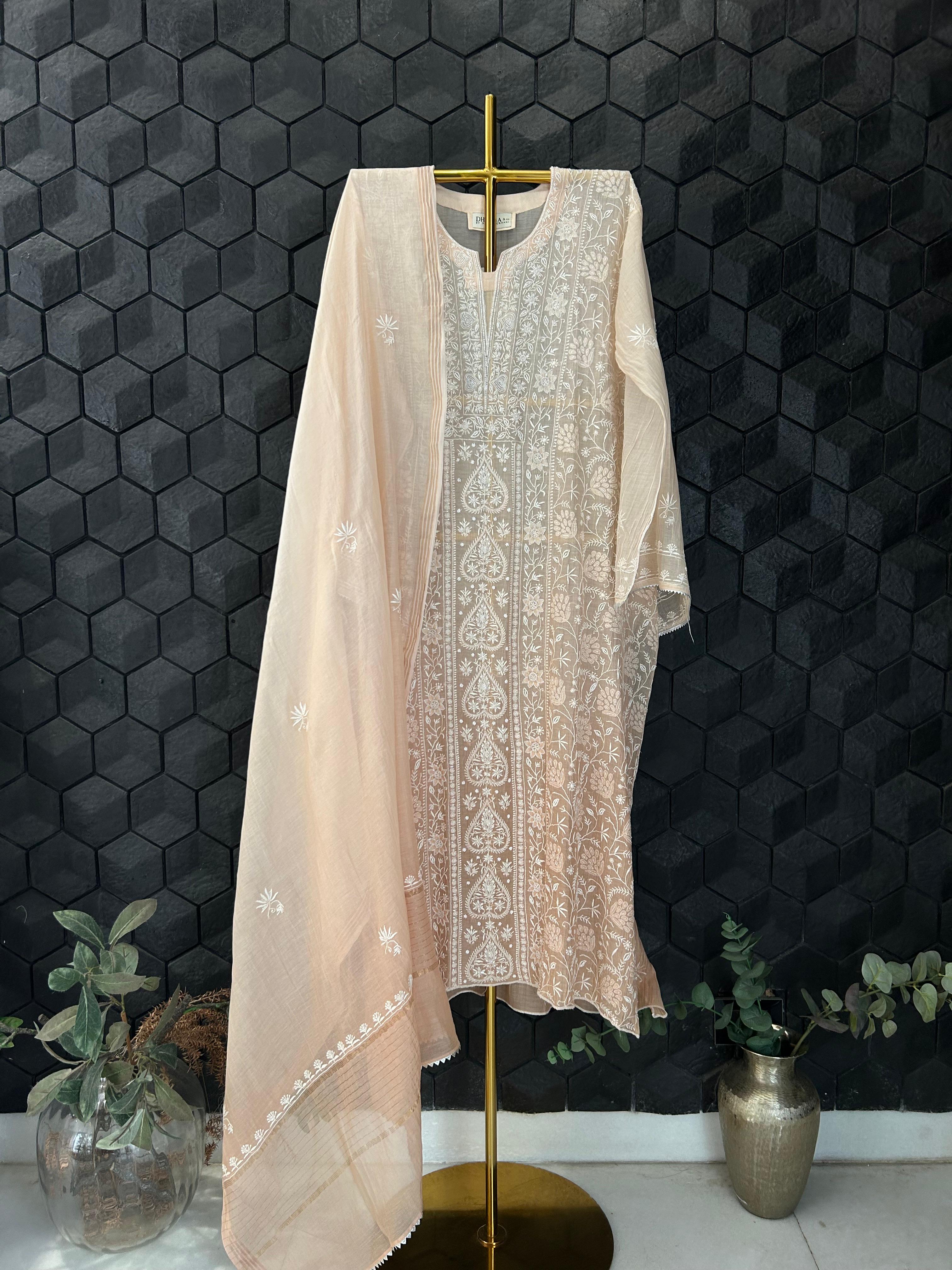 Peach mul chanderi chikankari kurta set