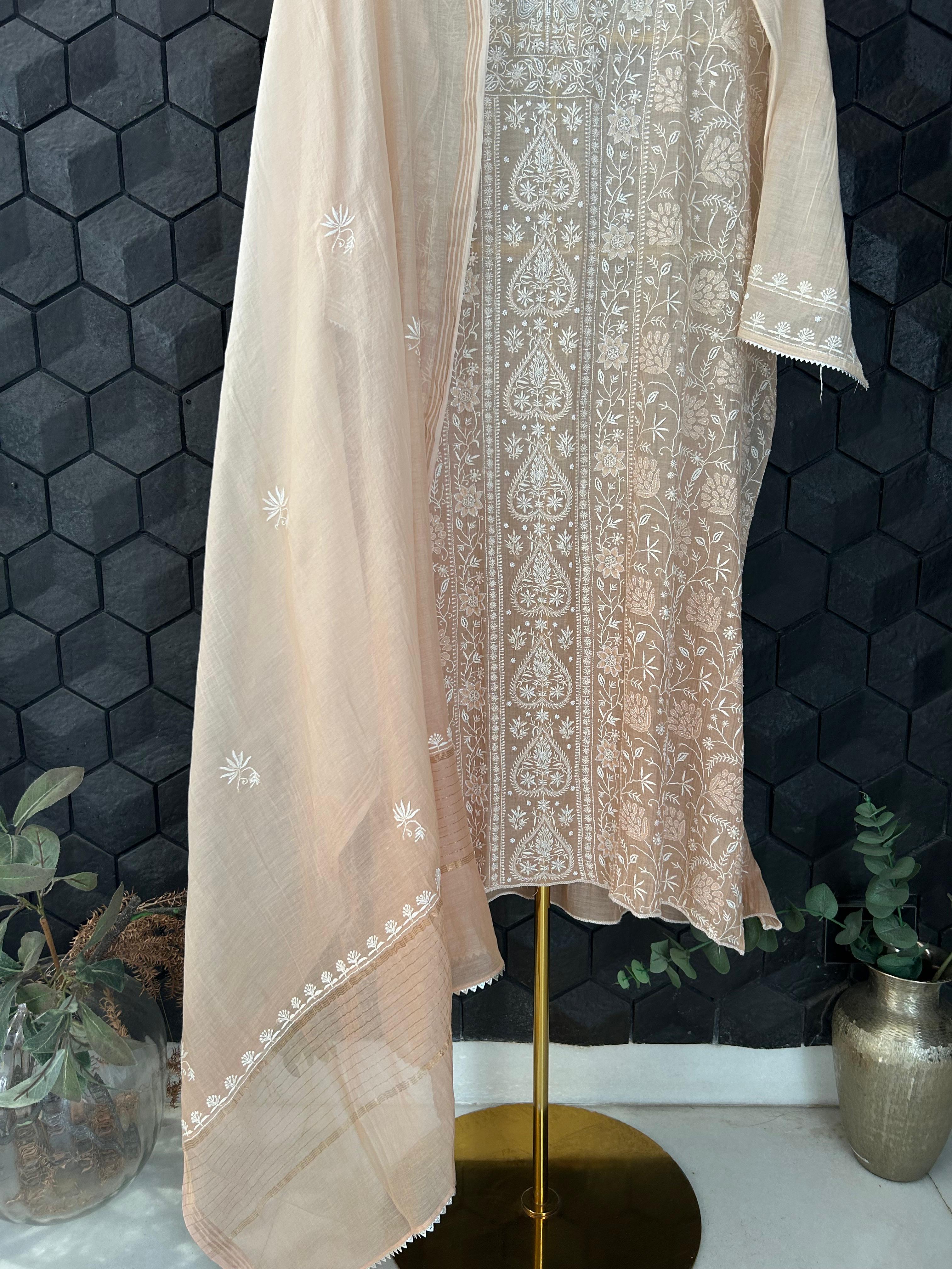 Peach mul chanderi chikankari kurta set