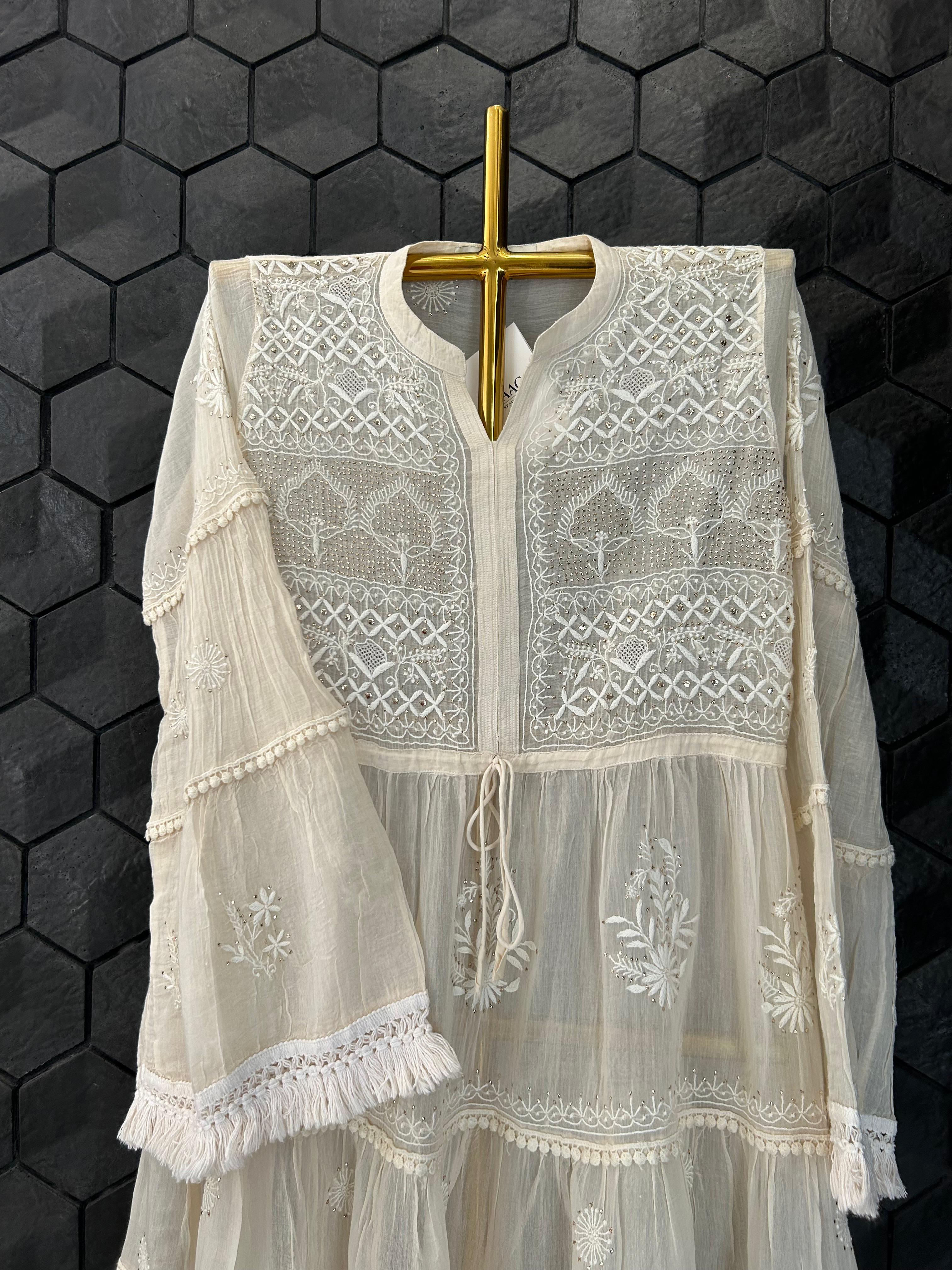 Natural mul chanderi chikankari dress