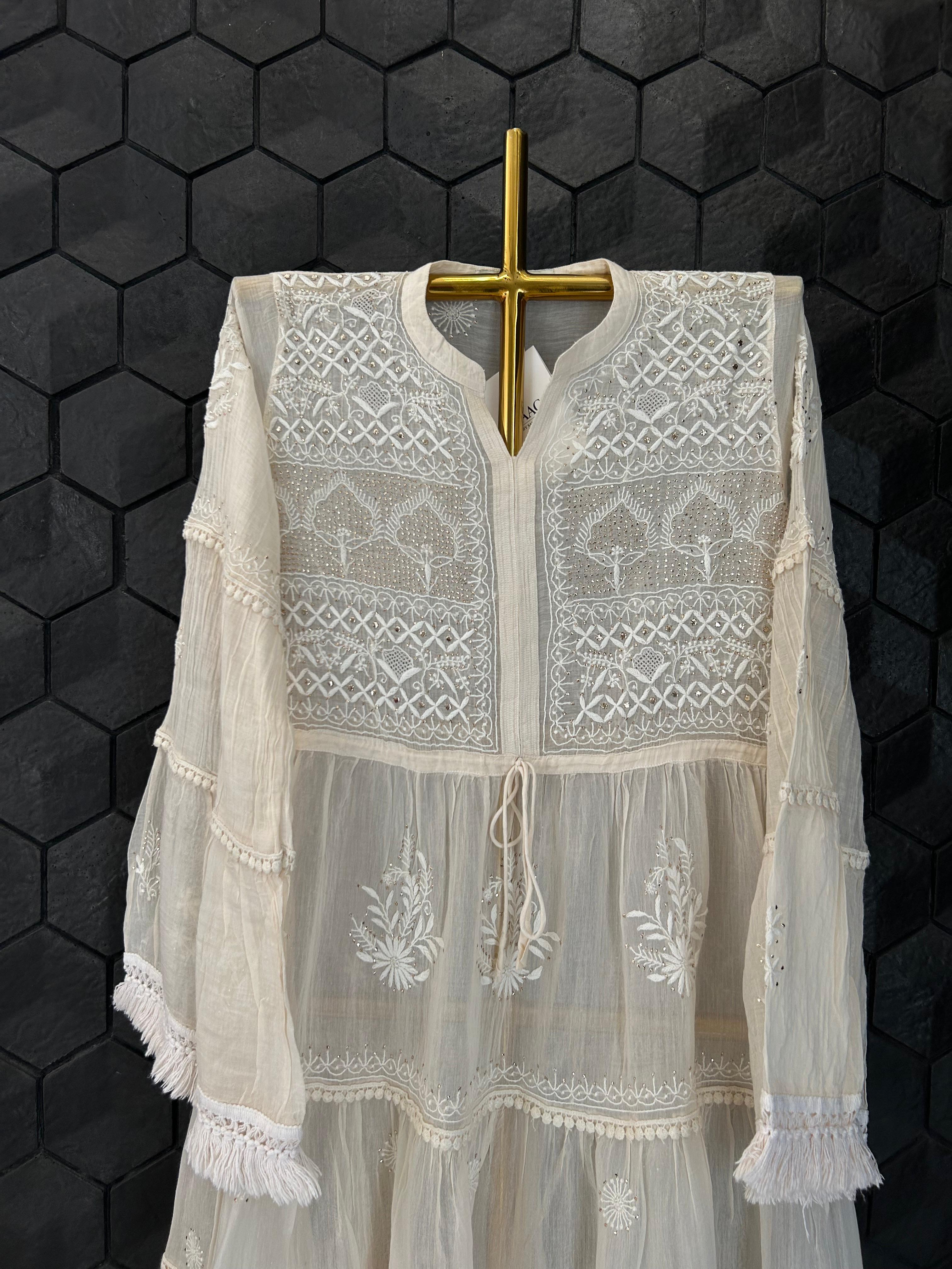 Natural mul chanderi chikankari dress