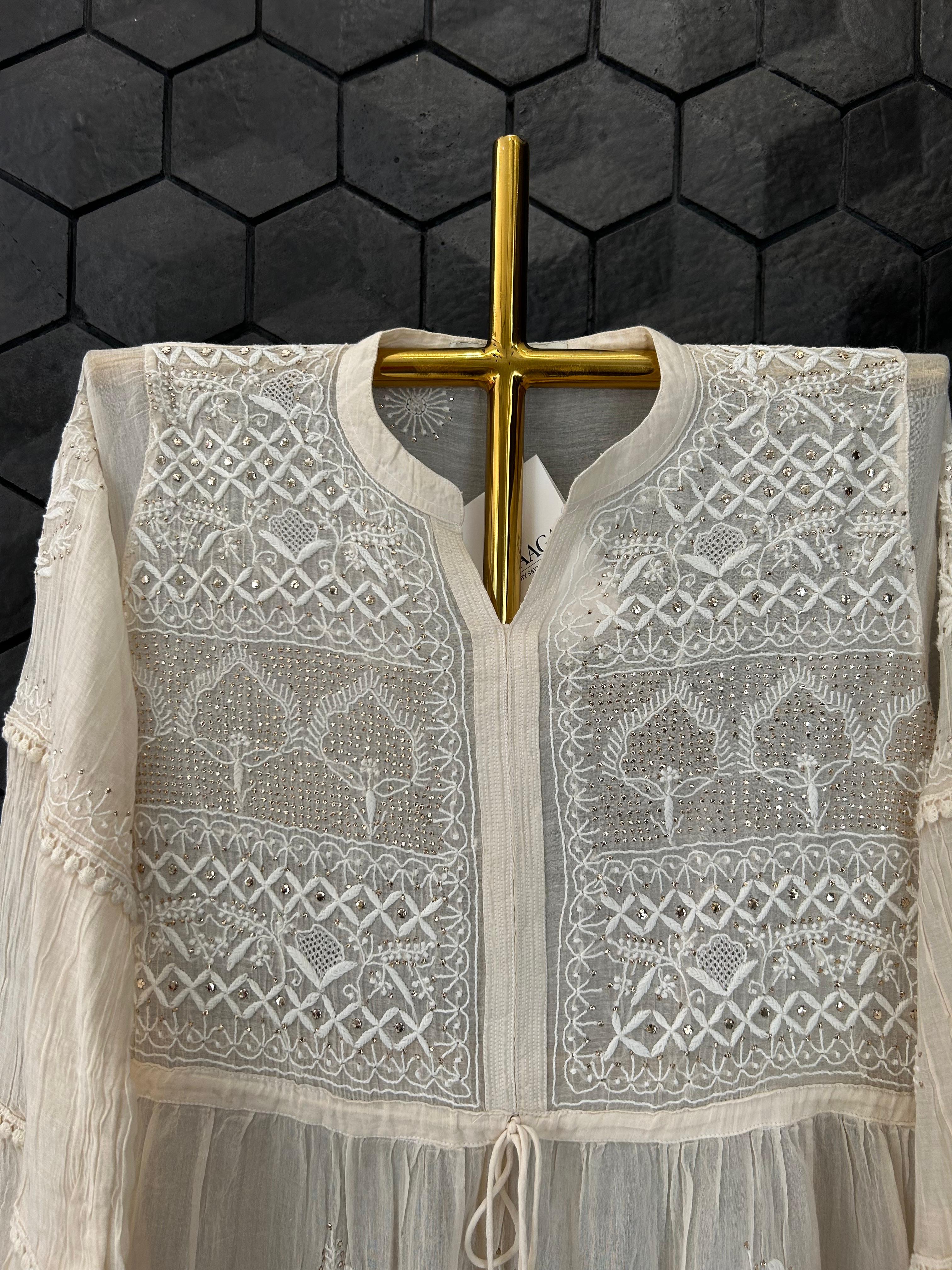 Natural mul chanderi chikankari dress