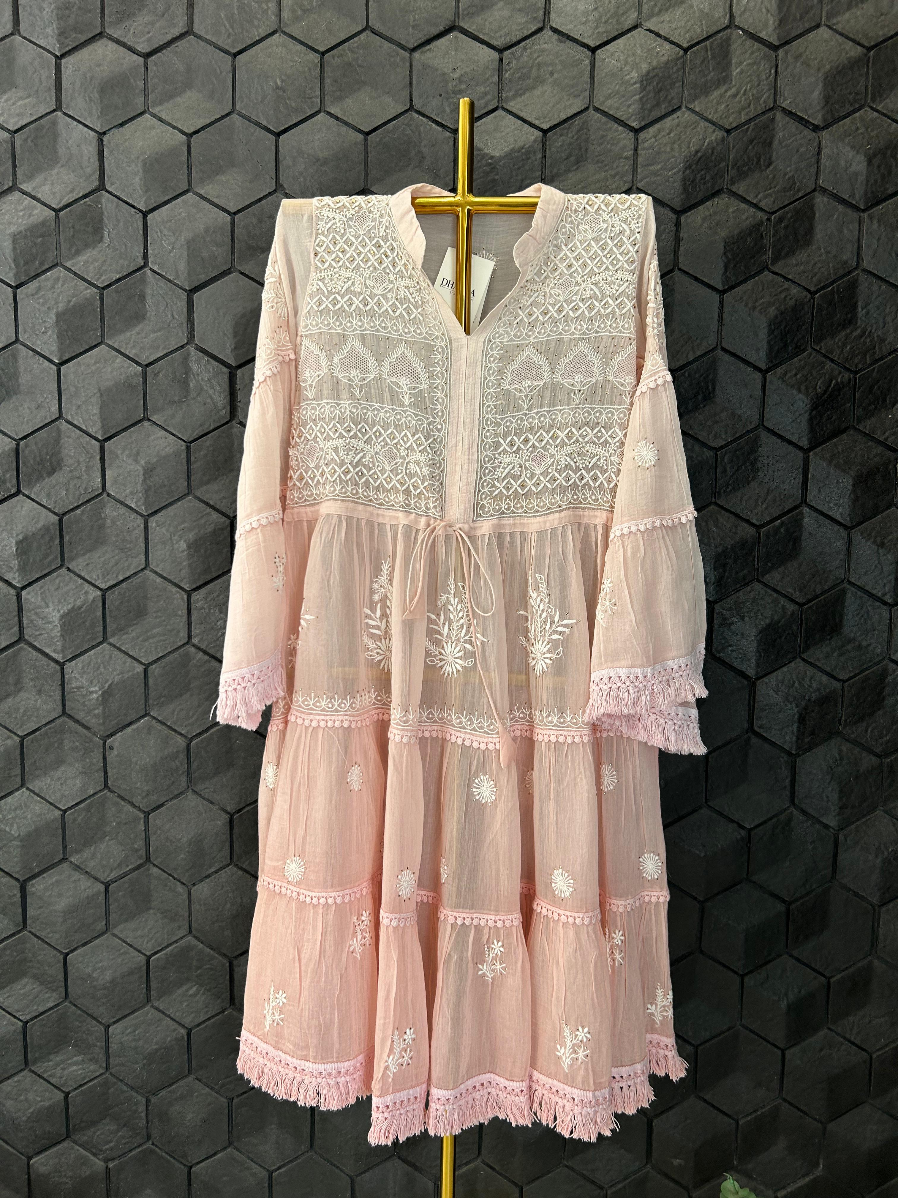 pink mul chanderi chikankari dress