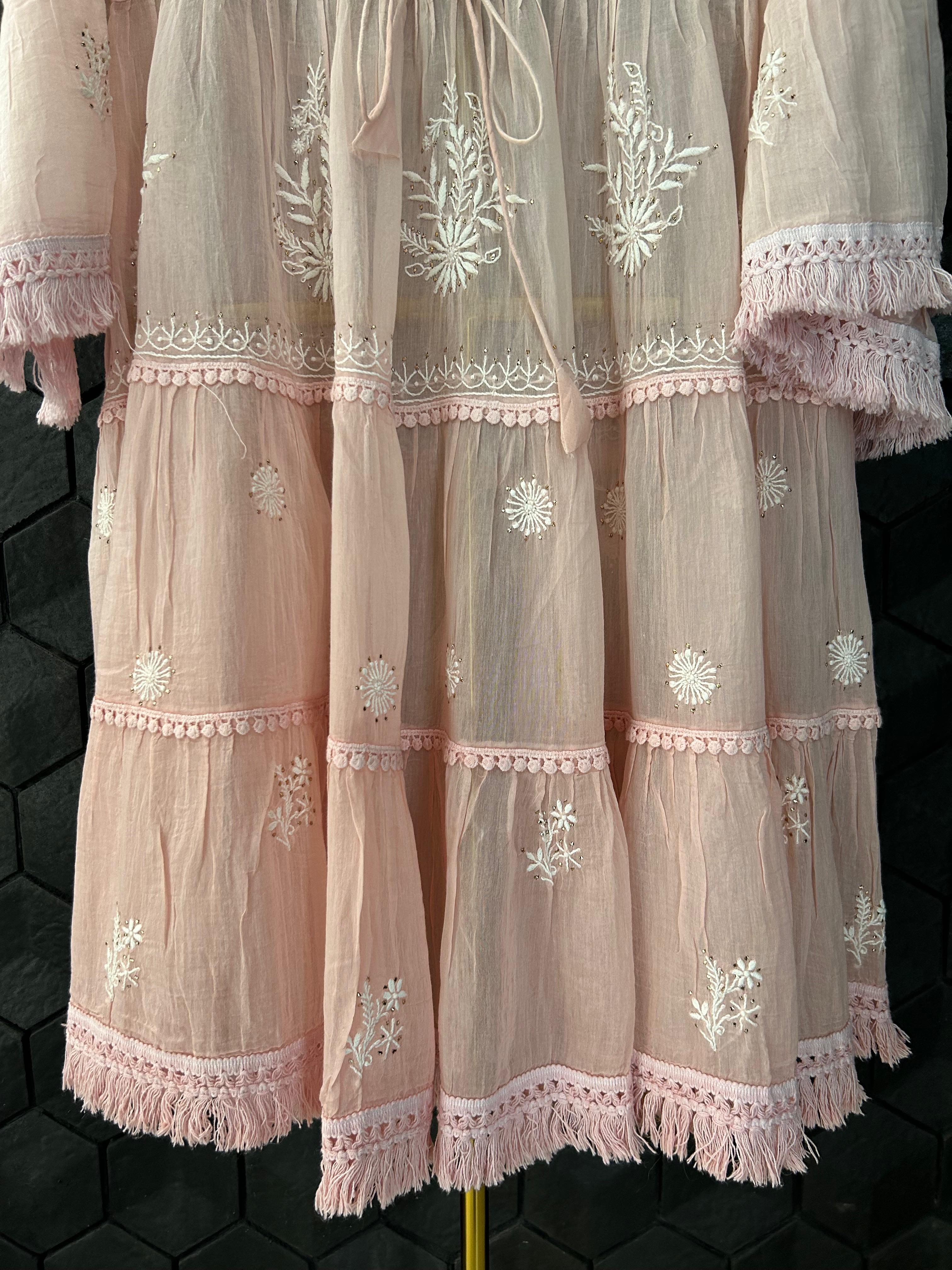 pink mul chanderi chikankari dress