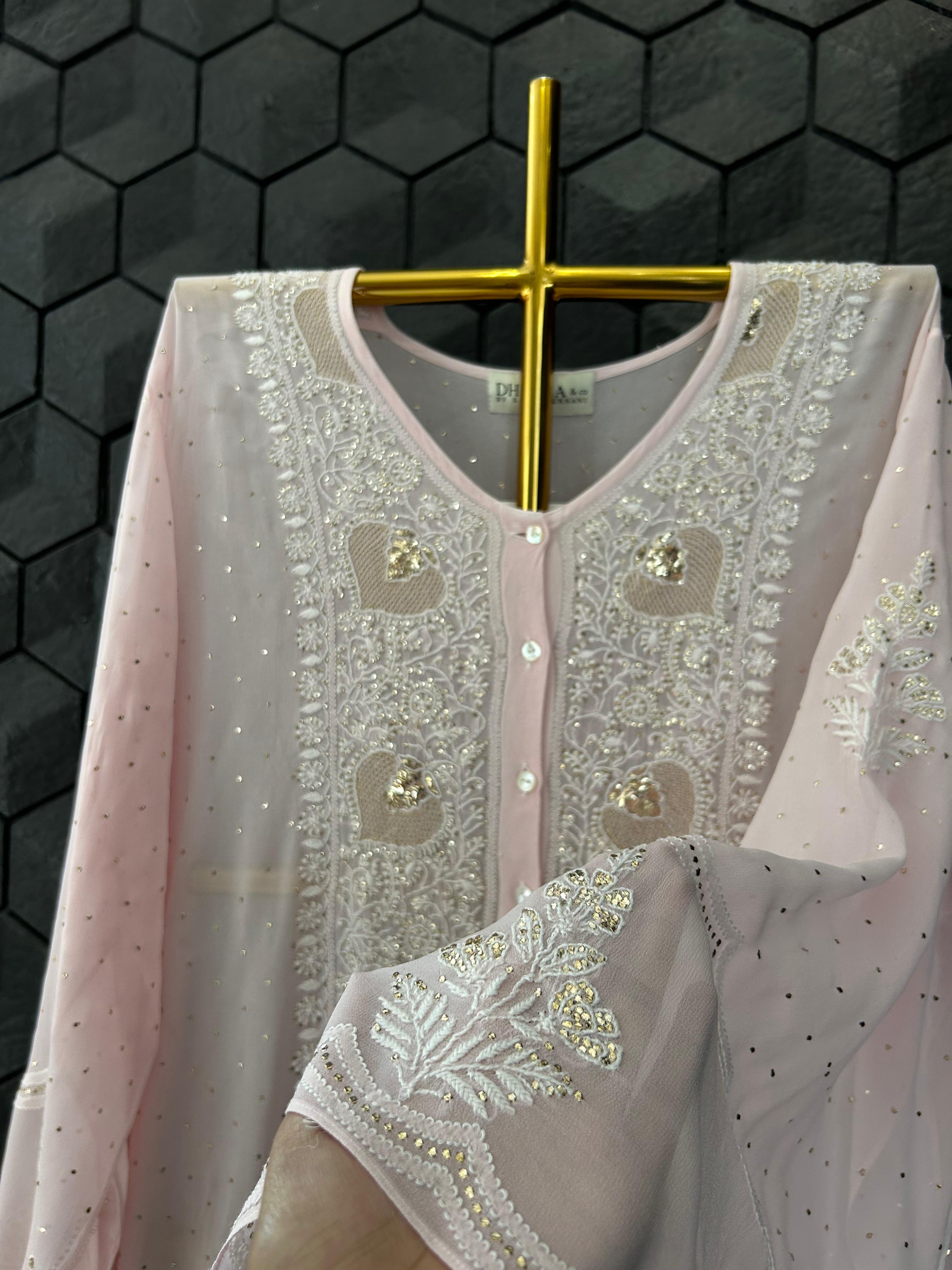 Pink Georgette Mukaish Chikankari Co-ord set