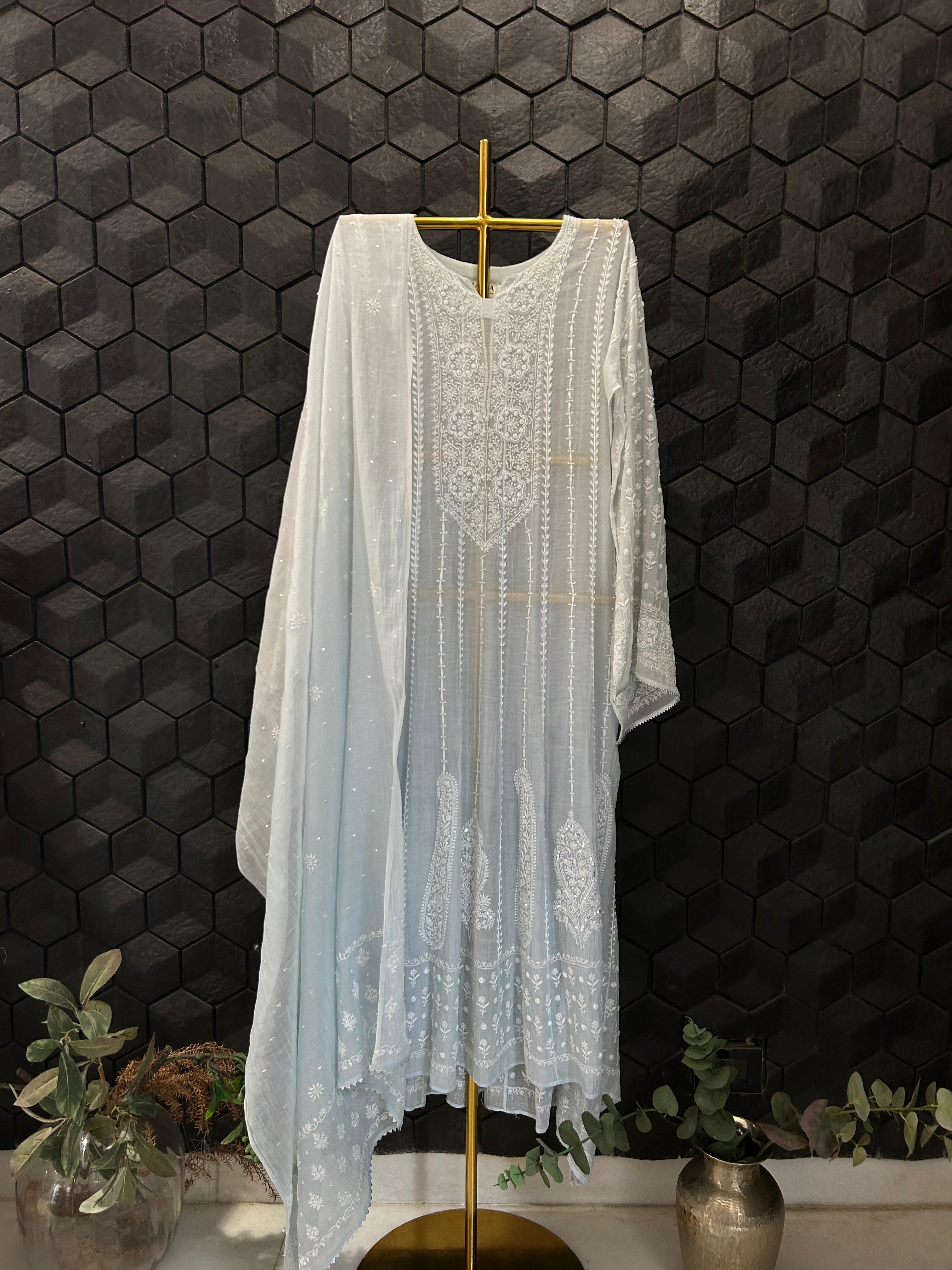Sky Blue Mul Chanderi Chikankari Anarkali Set