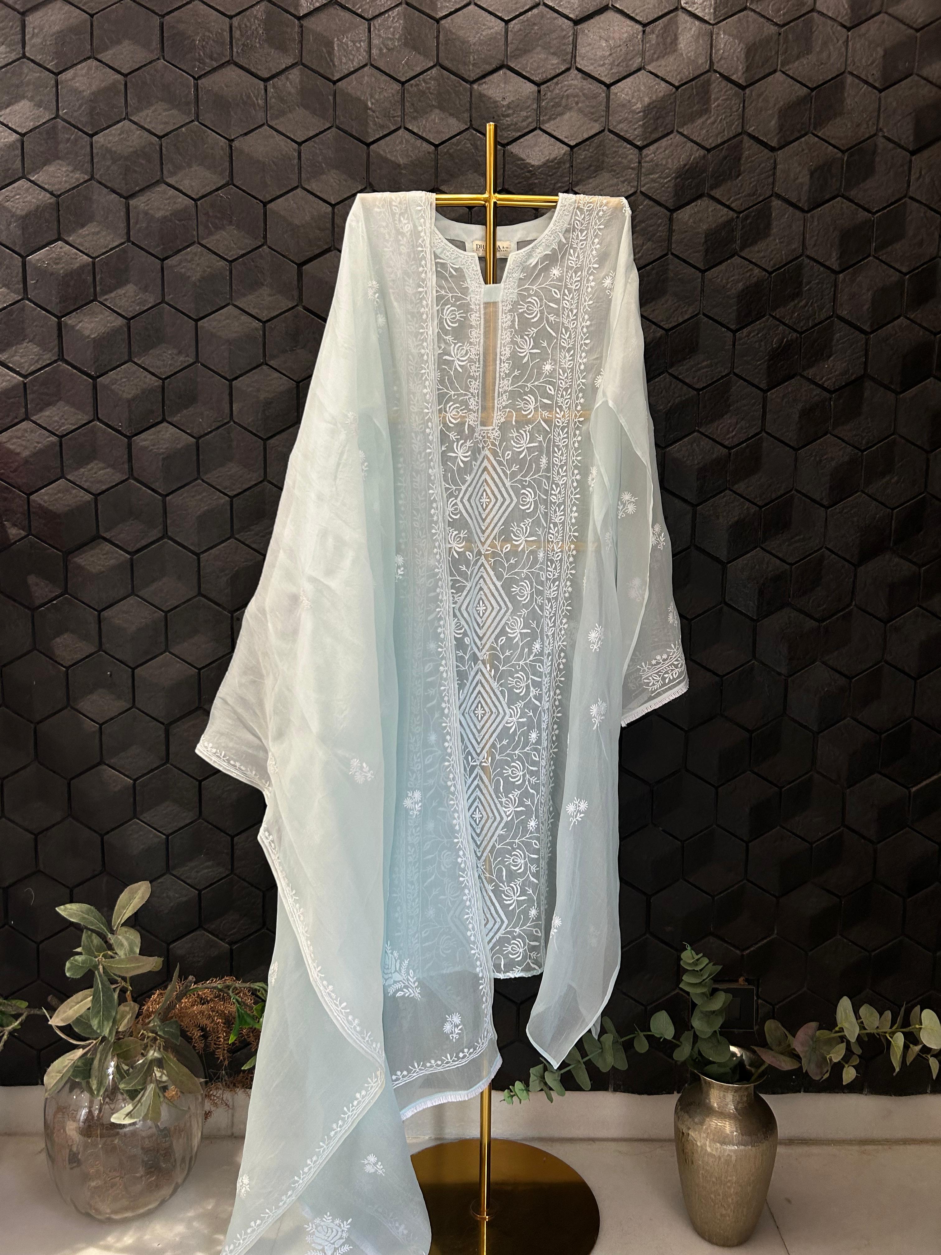 Blue Organza Chikankari kurta Set
