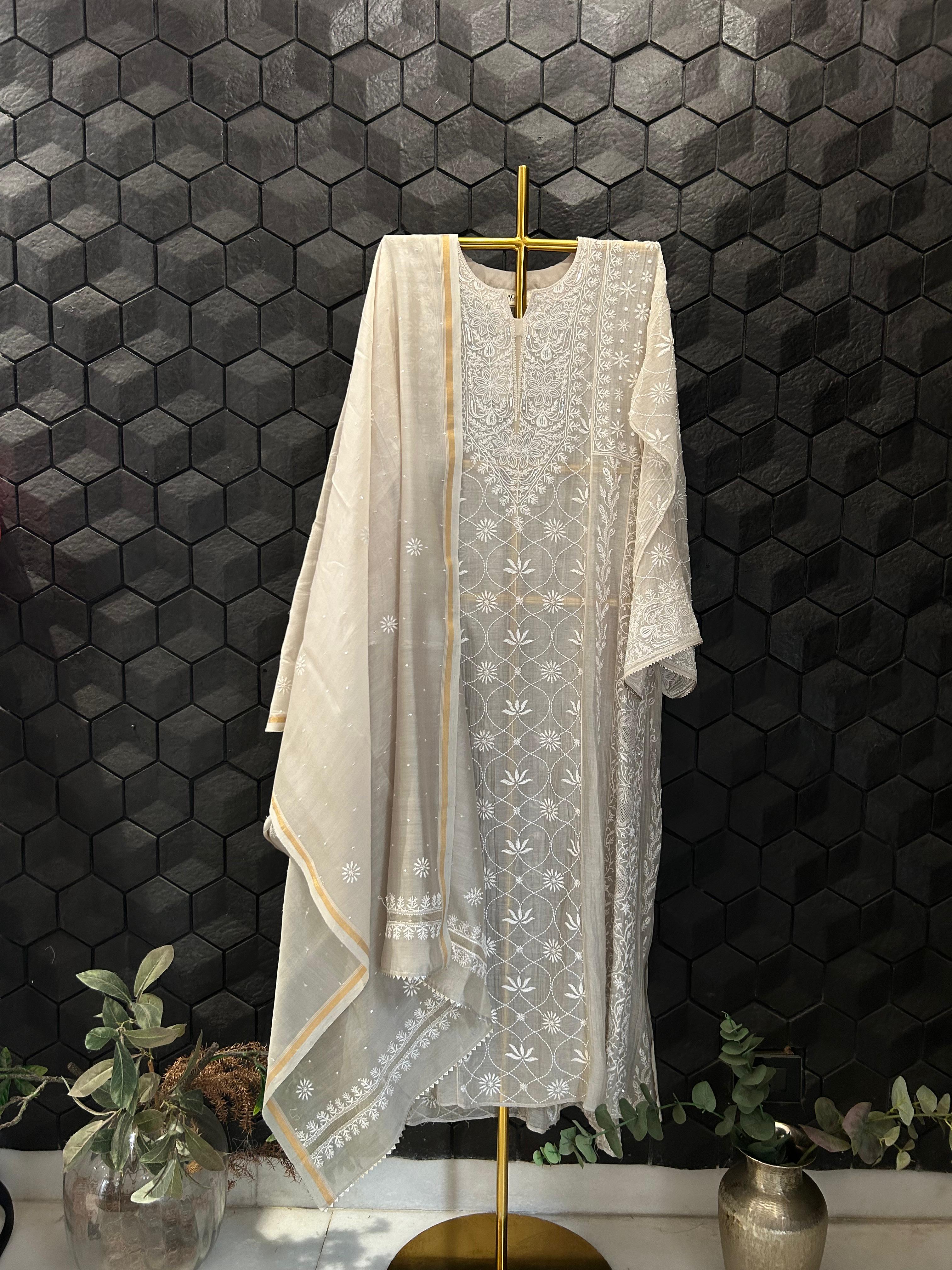 Brown Mul Chanderi Chikankari Anarkali Set