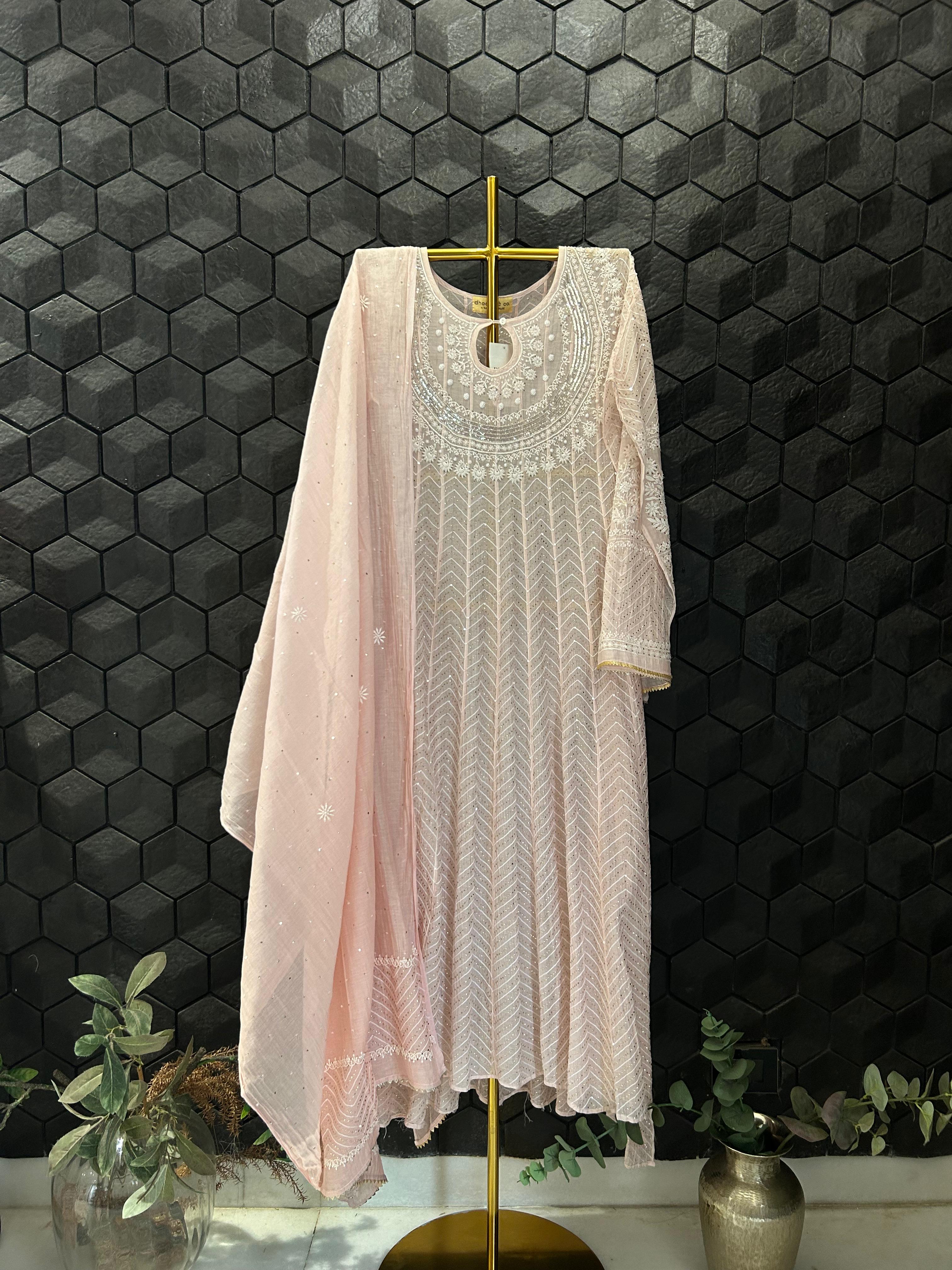 Pink Mul Chanderi Chikankari Mukaish Anarkali Set