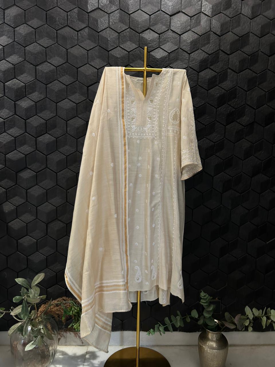 Beige Munga Silk Chikankari Kurta Set