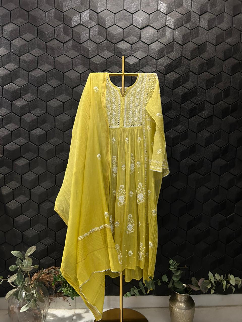 Green Mul Chanderi Chikankari Kurta Set