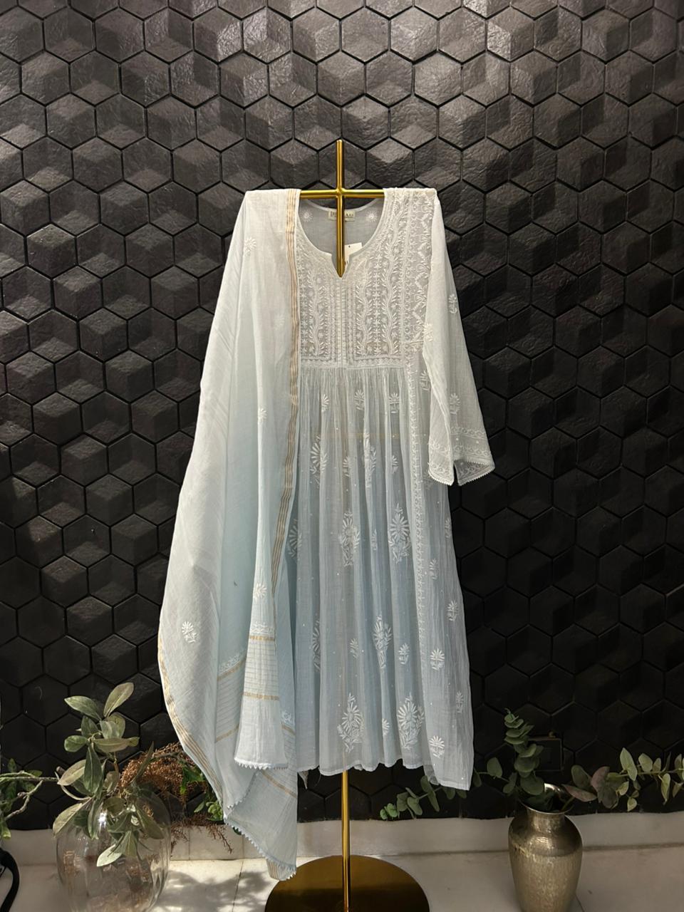 Blue Mul Chanderi Chikankari Kurta Set