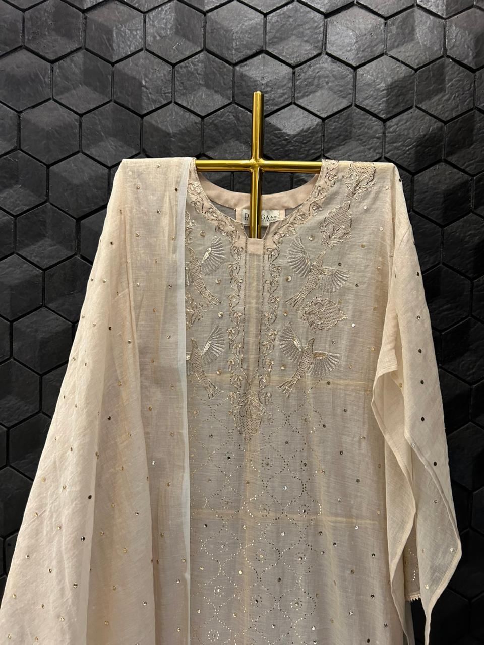Beige Golden Tissue Mukaish Kurta Set