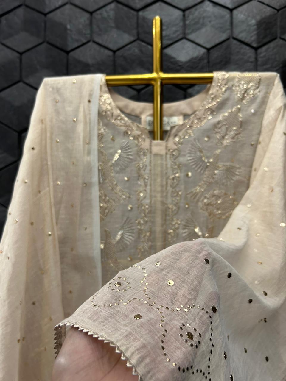 Beige Golden Tissue Mukaish Kurta Set