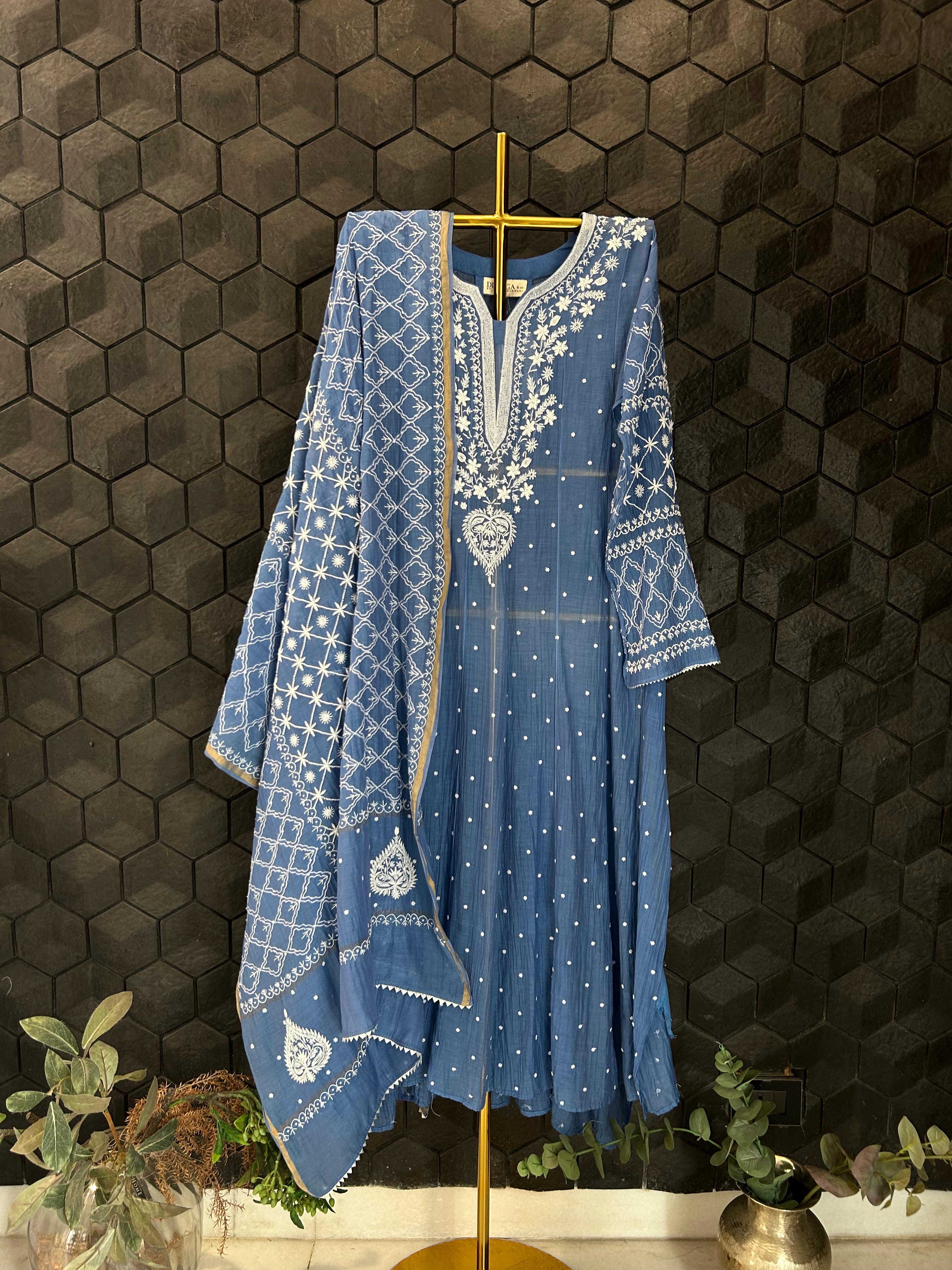 Blue Mul Chanderi Chikankari Anarkali Set