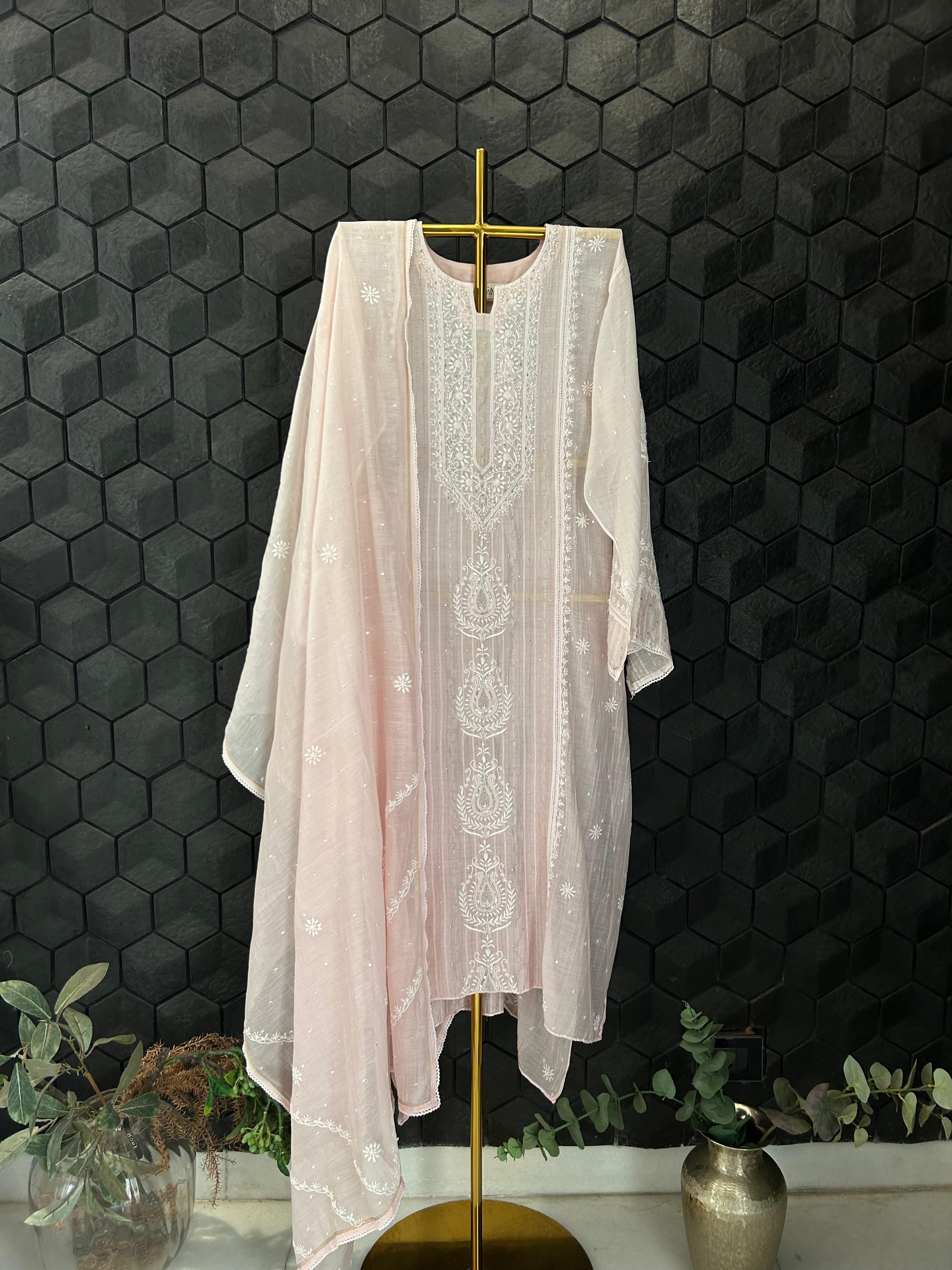Pink Mul Chanderi Chikankari Kurta Set