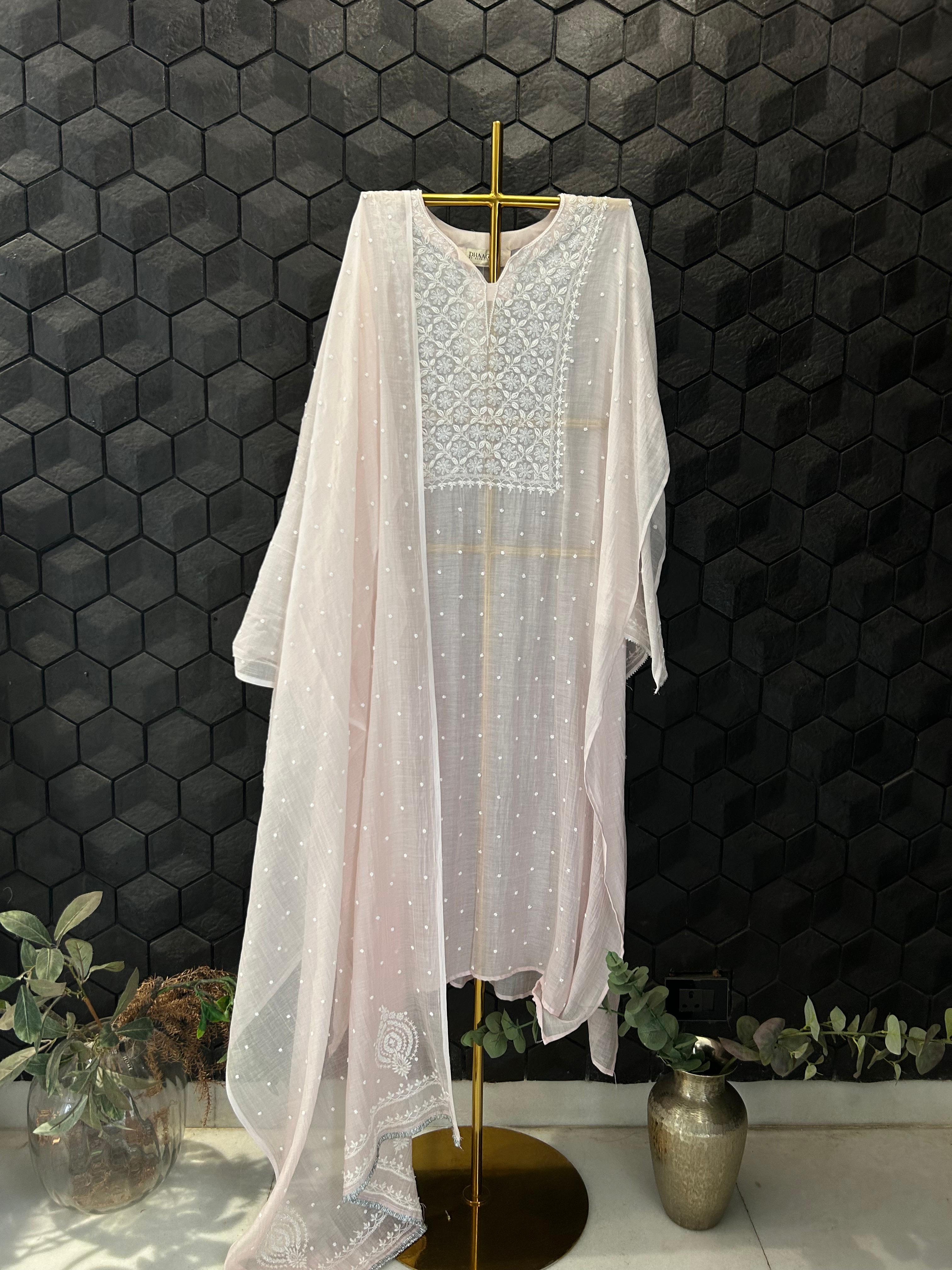 Pink Mul Chanderi Chikankari Kurta Set