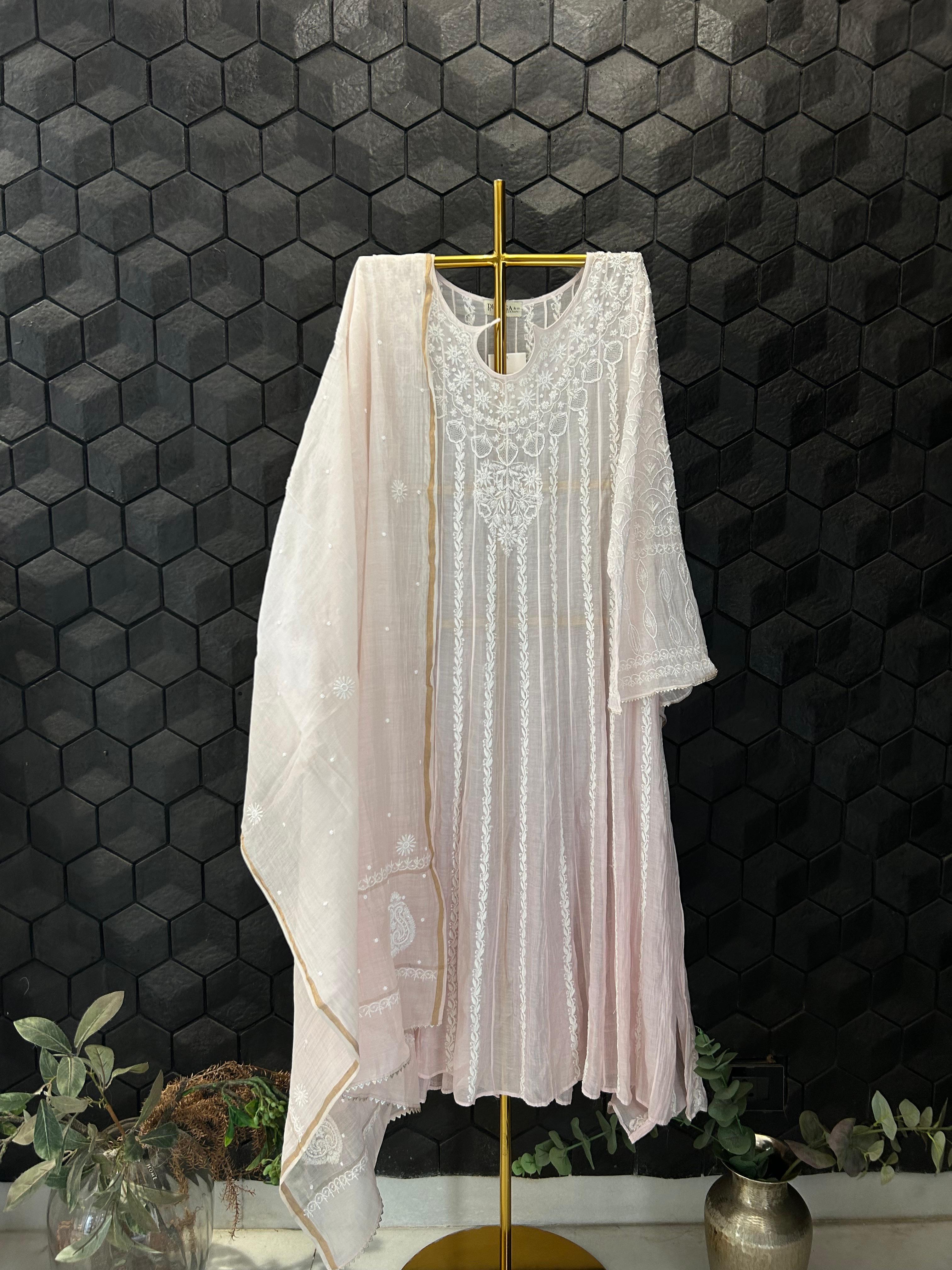 Pink Mul Chanderi Chikankari Anarkali Set