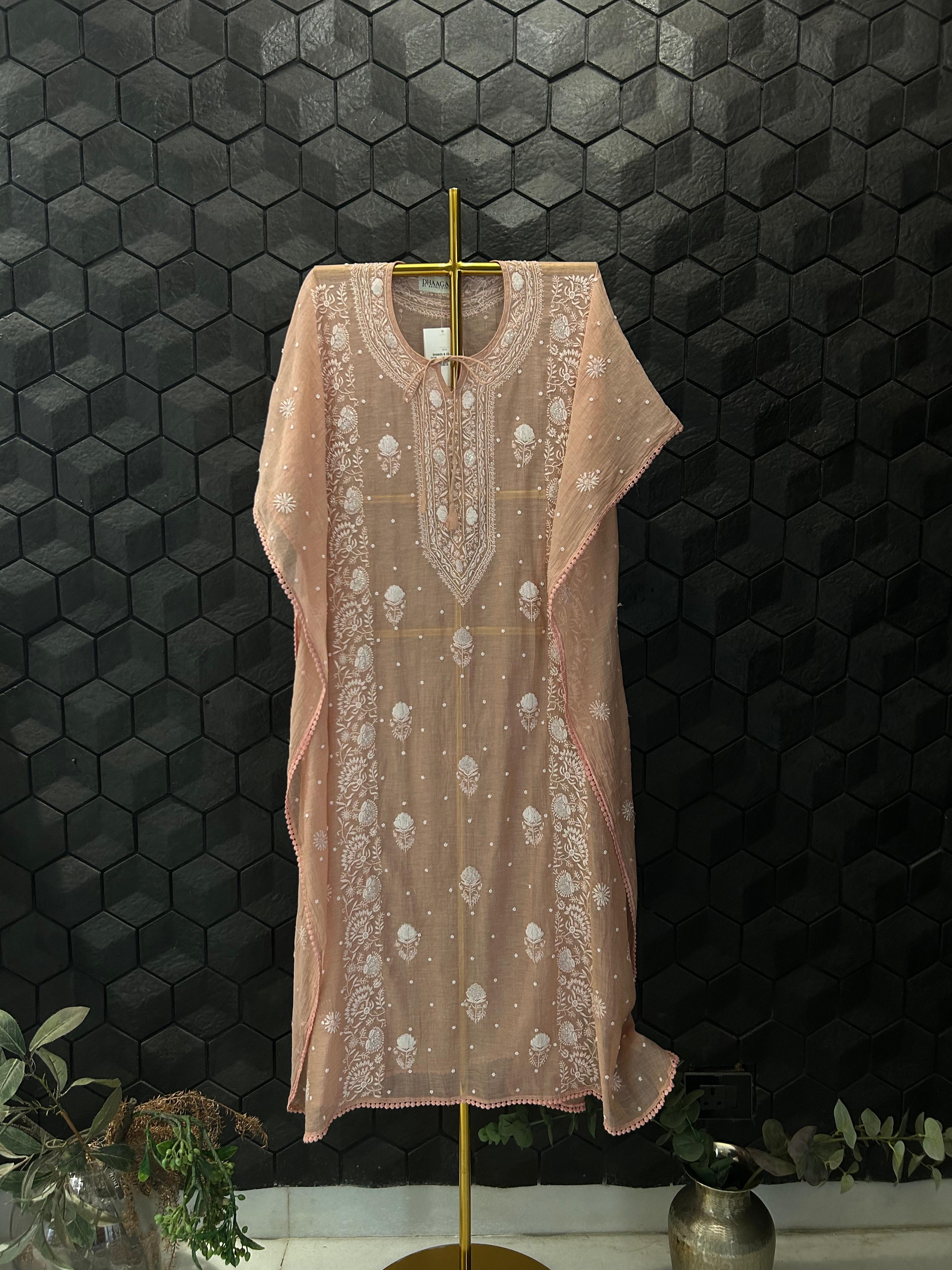 Peach Tissue Chikankari Kaftan