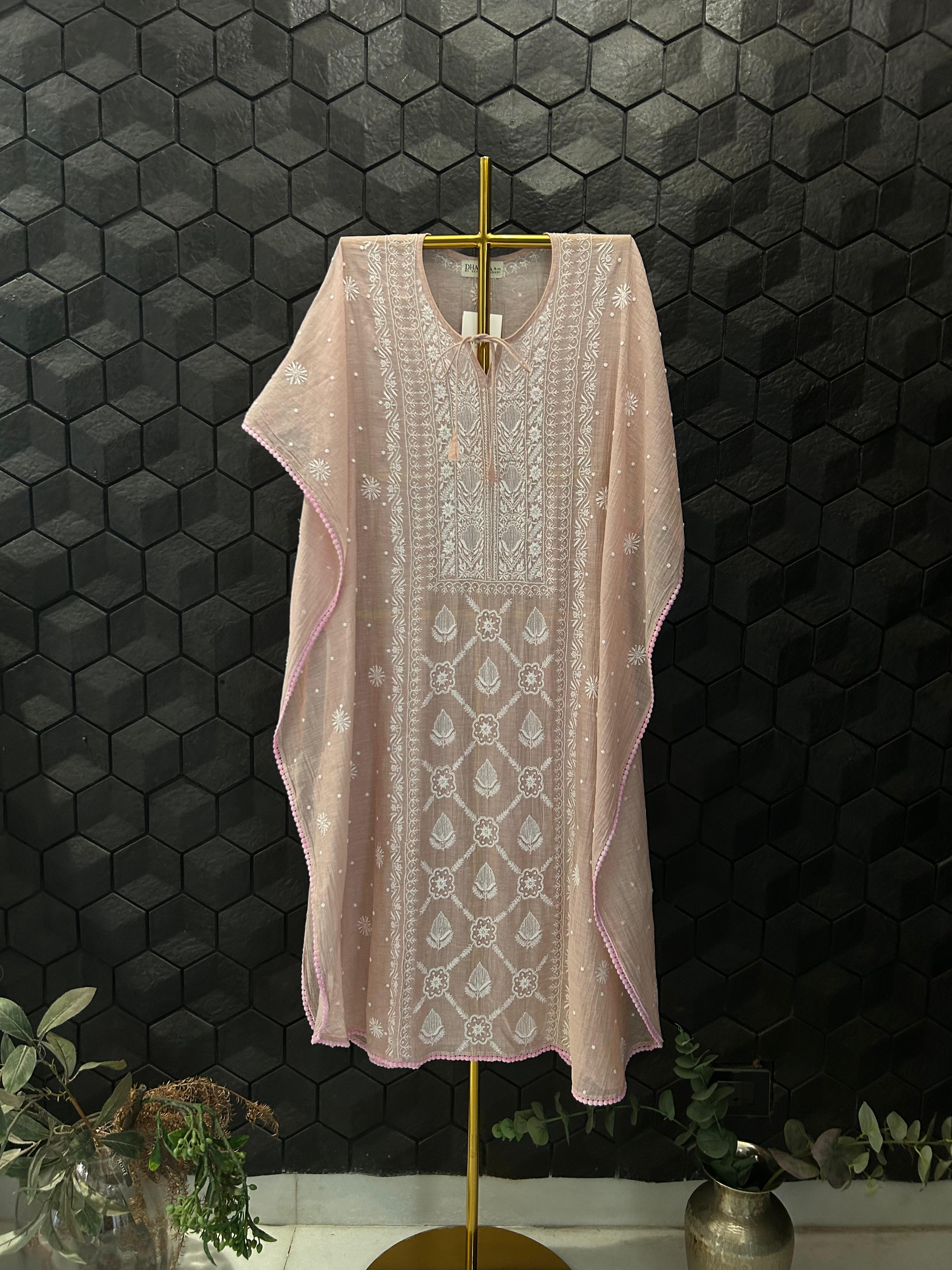 Pink Tissue Chikankari Kaftan