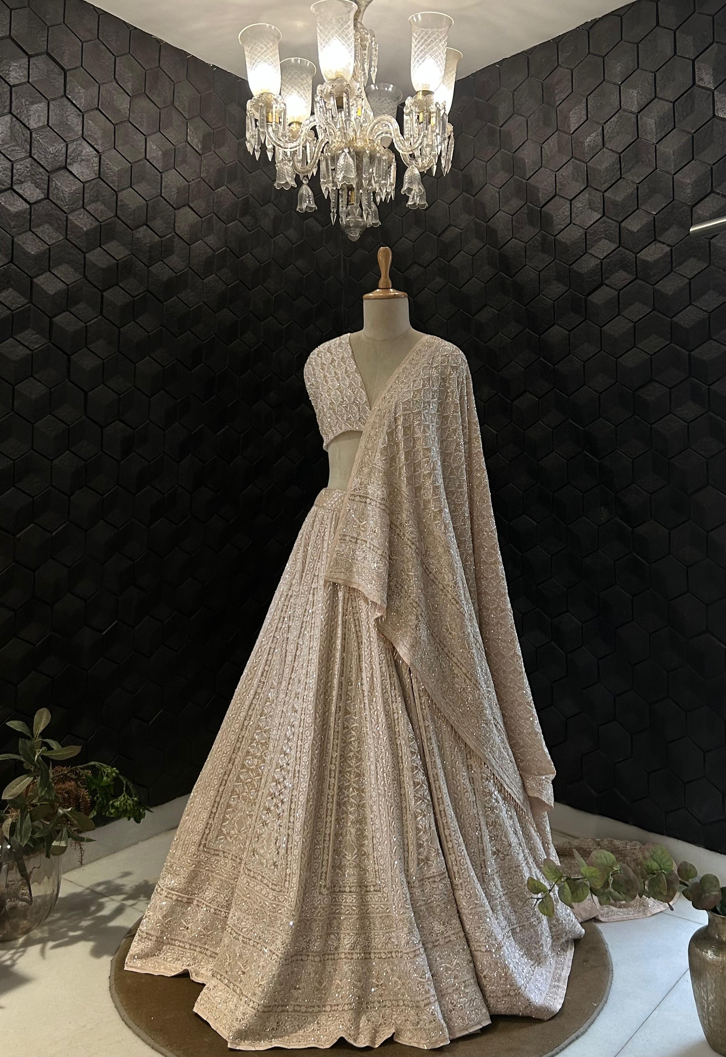 Beige georgette ek-taar chikankari lehenga set