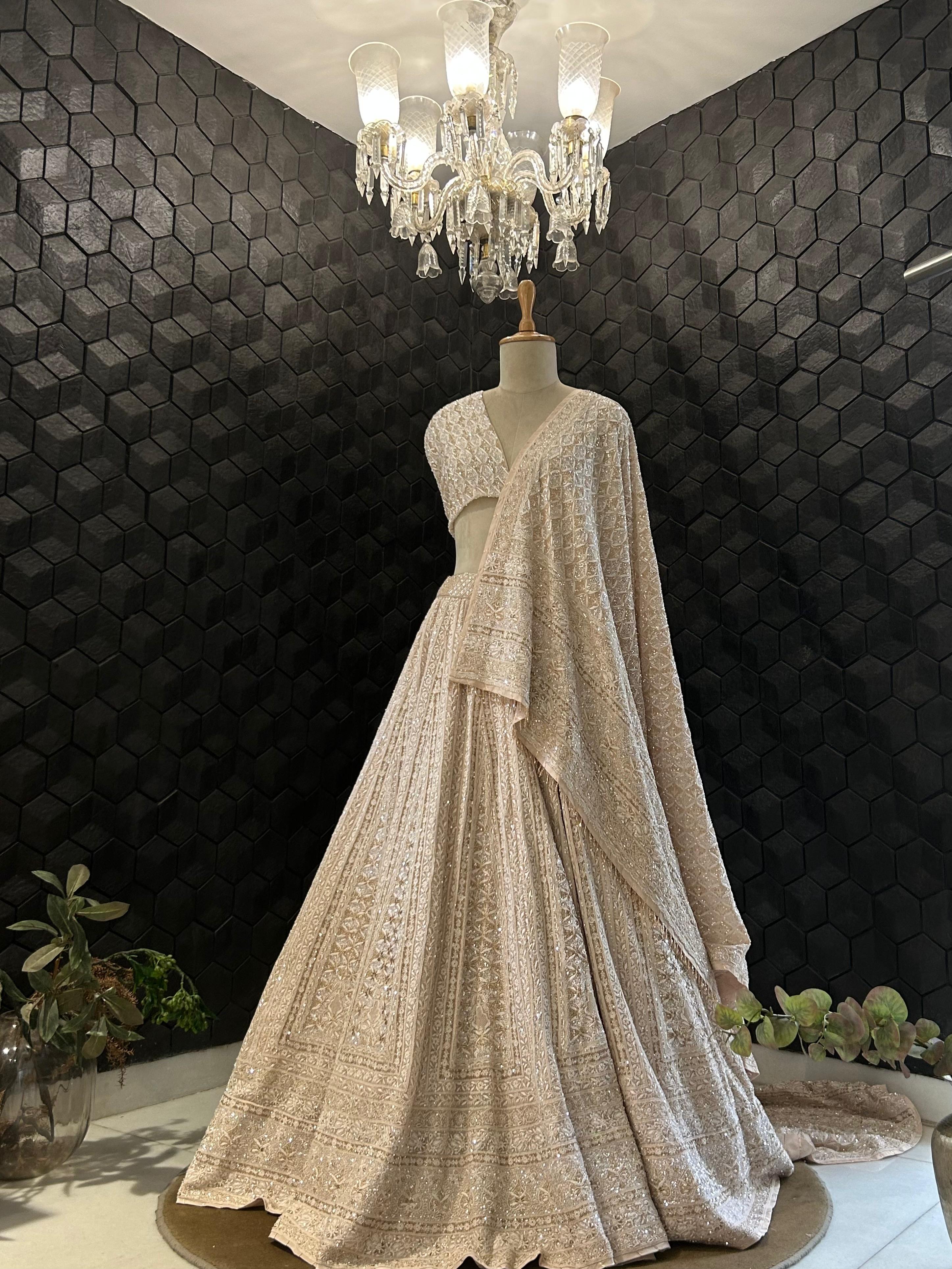 Beige georgette ek-taar chikankari lehenga set